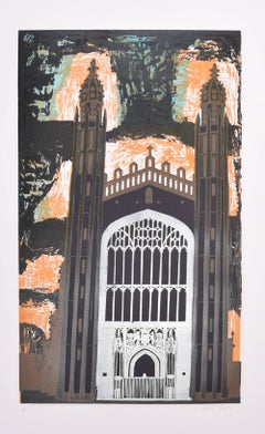Vintage King's College, Chapel Cambridge linocut print by Walter Hoyle