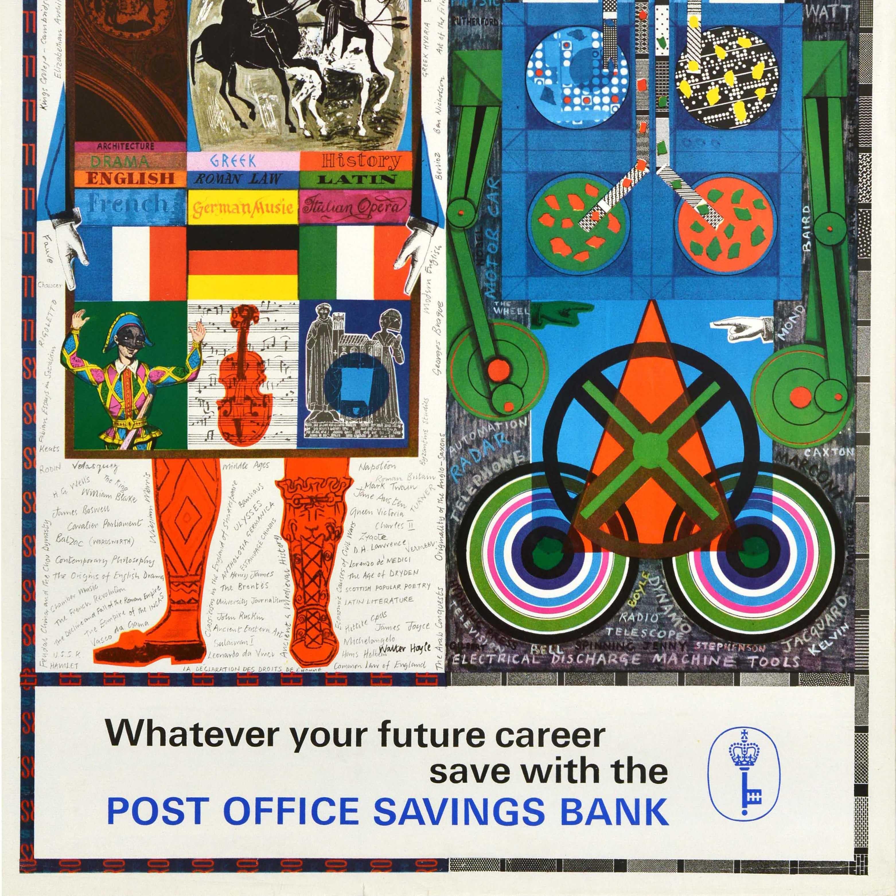 Original vintage advertising poster - Whatever your future career Save with the Post Office Savings Bank - featuring a great design into two parts: an image on the left side of William Shakespeare holding a collage with various illustrations