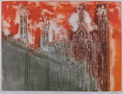 Vintage Walter Hoyle King’s College Chapel in red Cambridge linocut print
