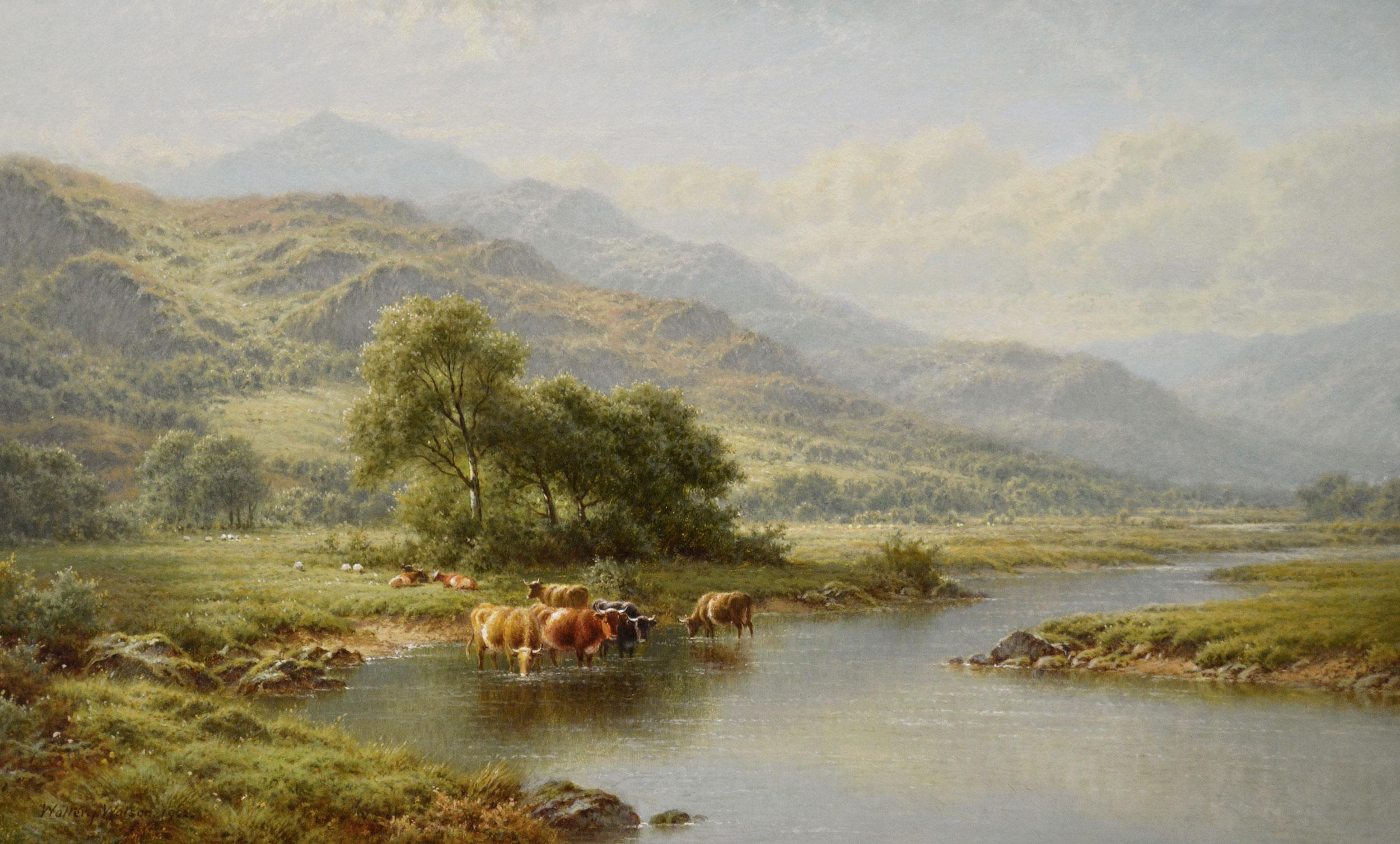 Welsh landscape oil painting of cattle by the River Llugwy, North Wales - Painting by Walter J Watson