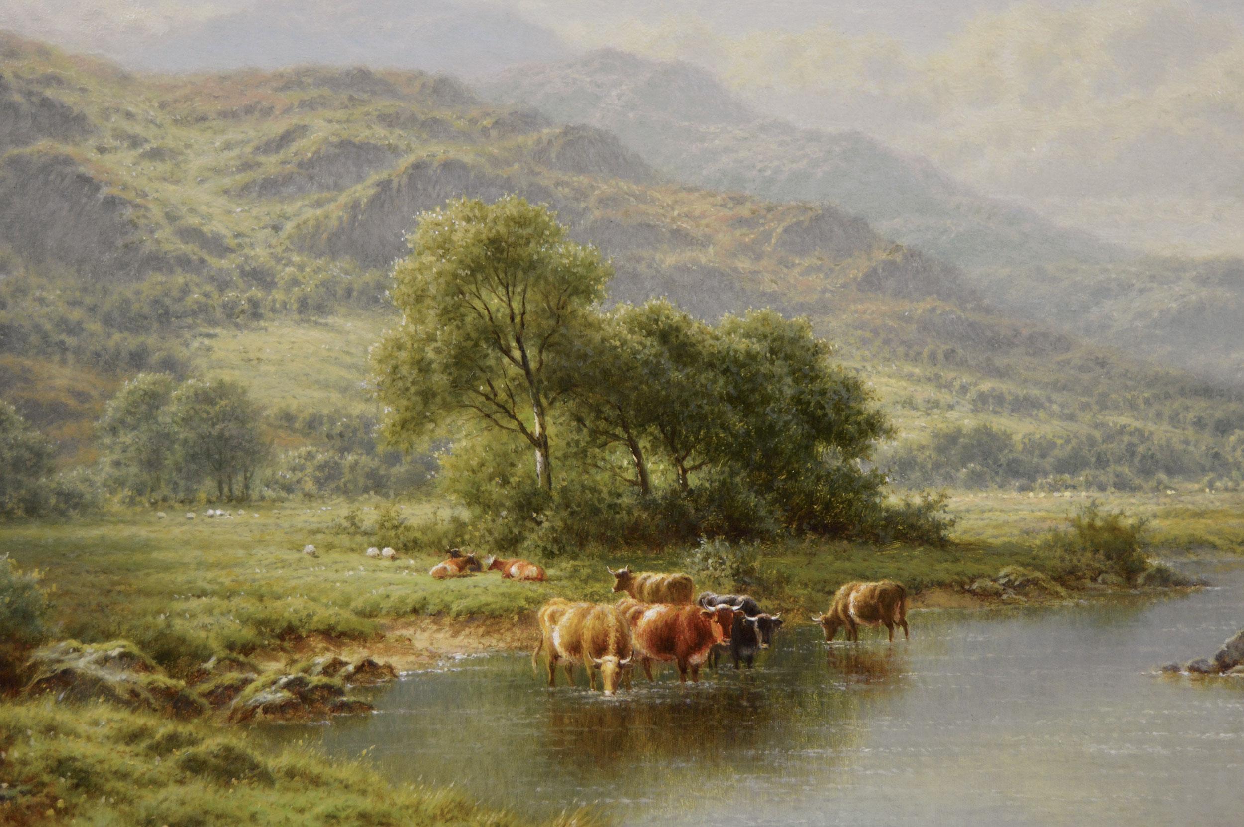 Welsh landscape oil painting of cattle by the River Llugwy, North Wales - Victorian Painting by Walter J Watson