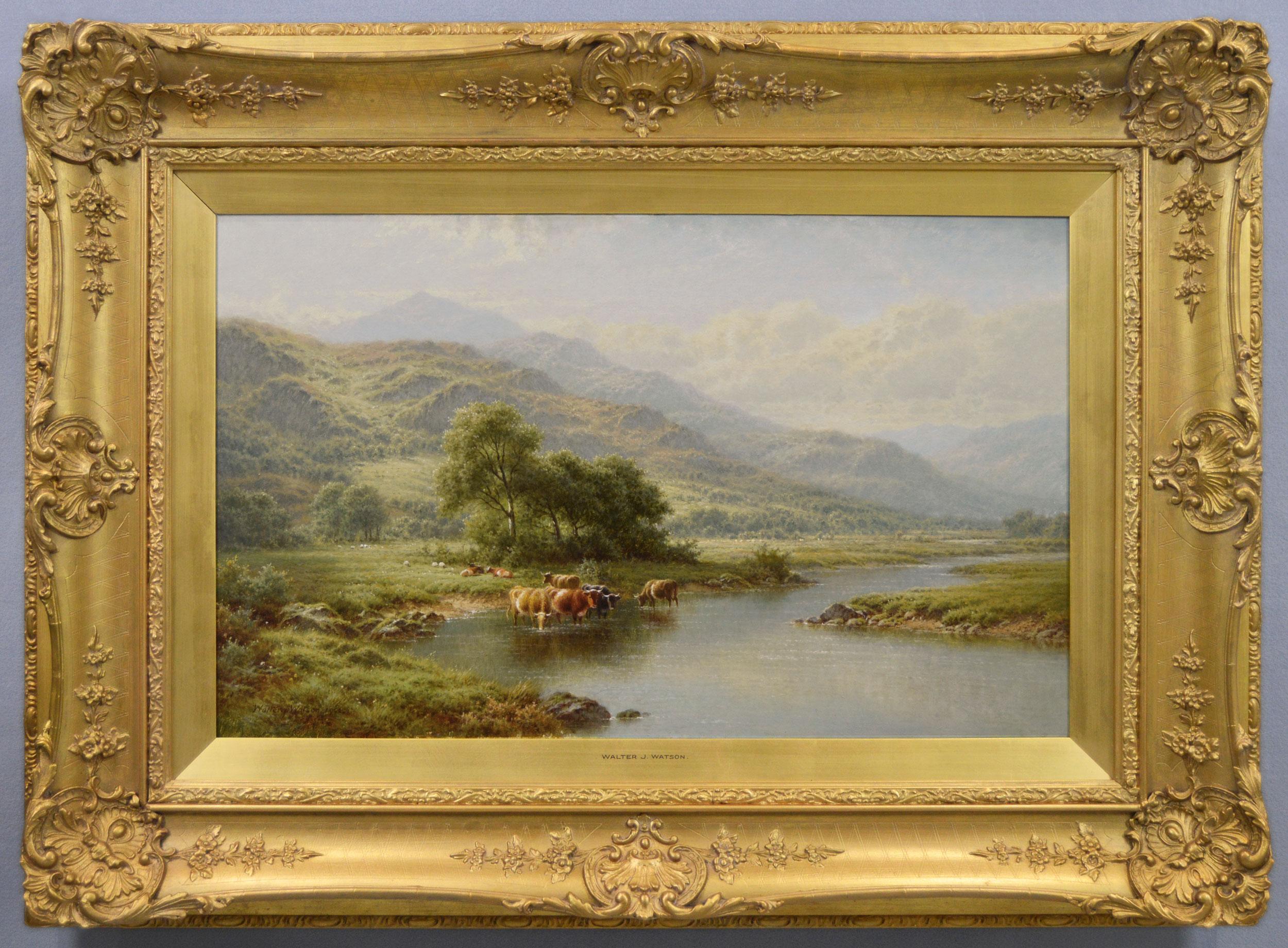 Walter J Watson Landscape Painting - Welsh landscape oil painting of cattle by the River Llugwy, North Wales