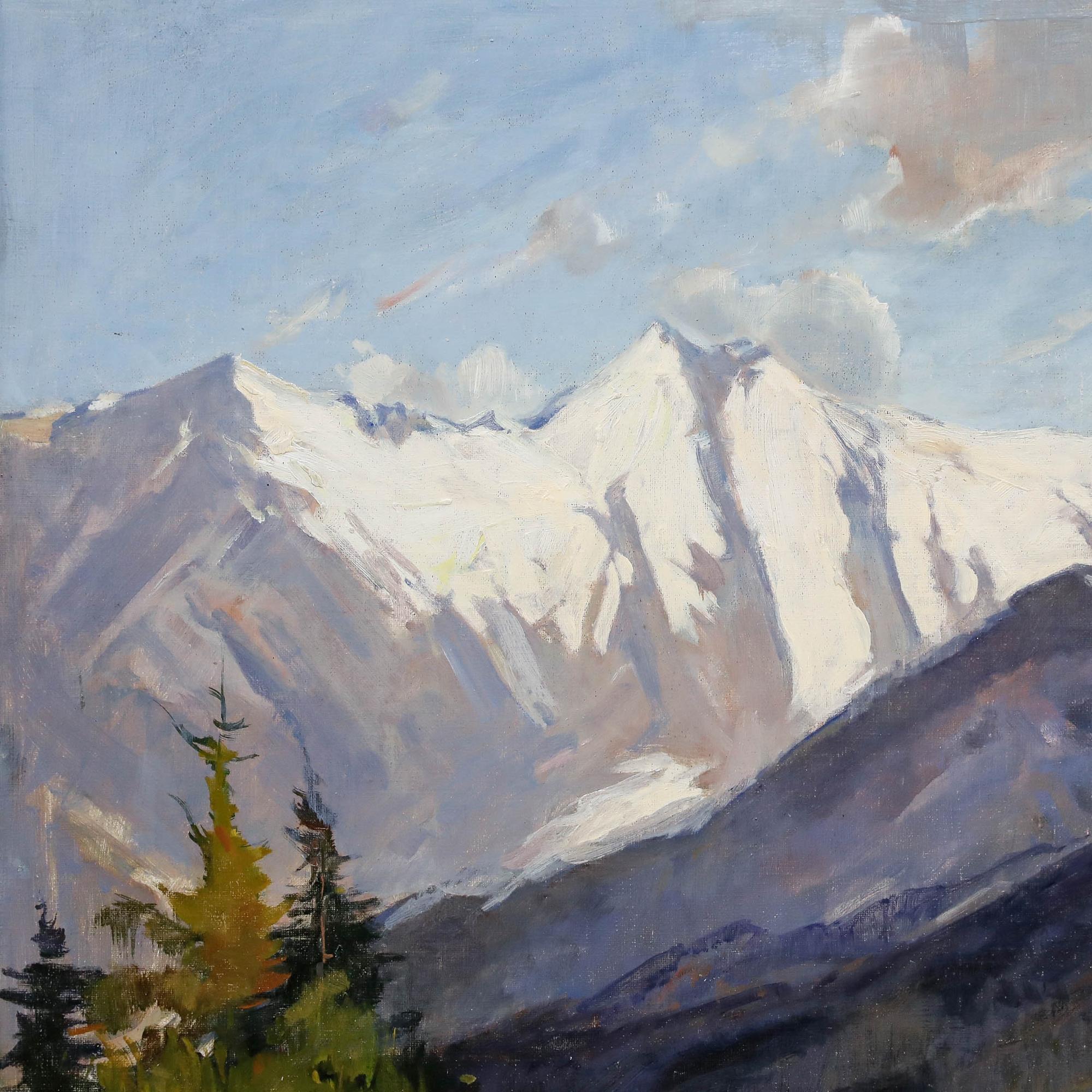 This striking landscape painting captures the majesty of snow-capped mountain Grossglockner rising above a forested valley. The artist skilfully contrasts the bright, sunlit mountaintops with the shadowy depths of the pine forest in the foreground,