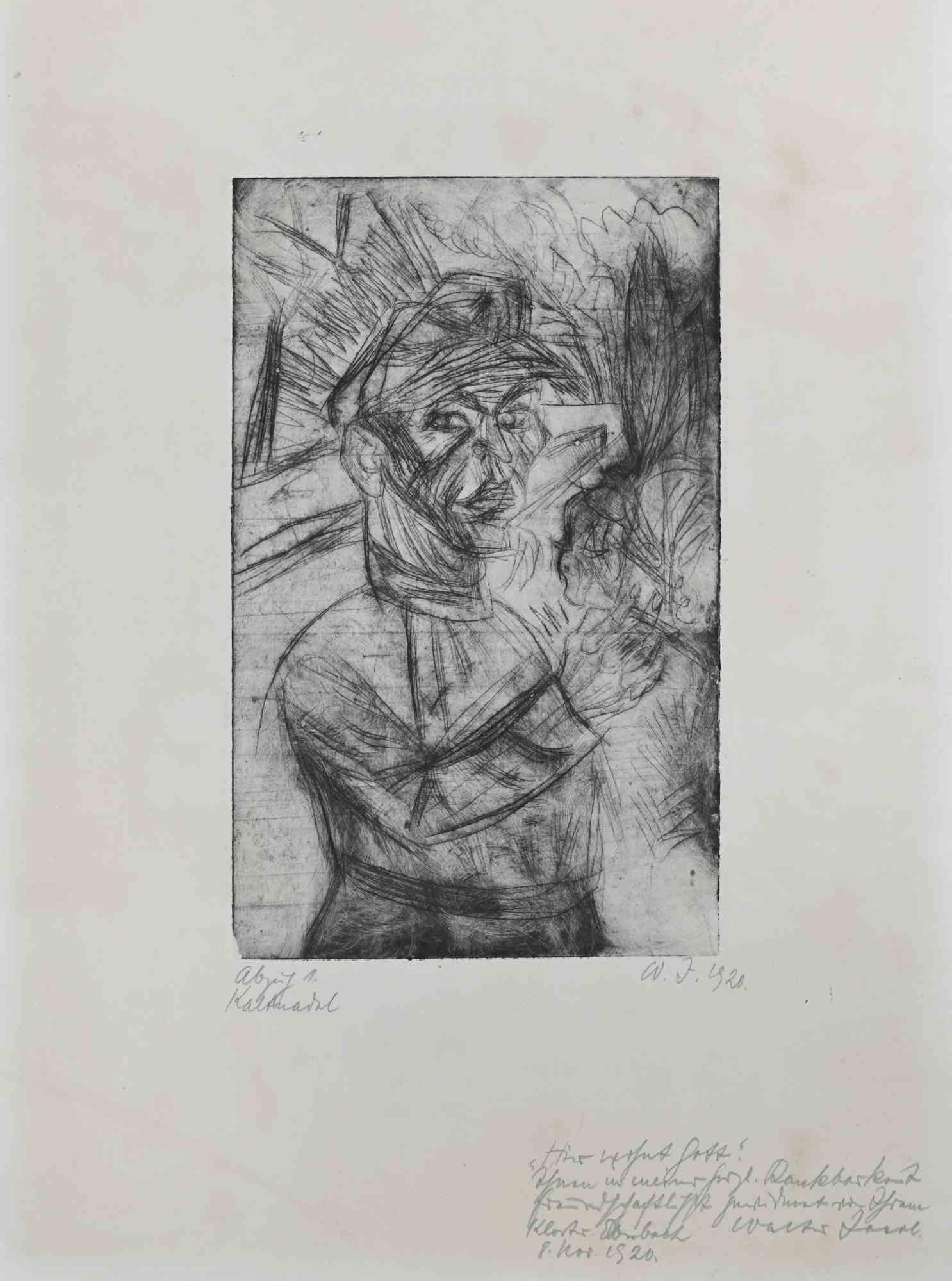 Self-portrait is an Artwork realized in 1920,  realized by the german artist Walter Jacob (1893 - 1964).

Drypoint print on ivory paper. Hand signed and dated on the right margin.

The artist wants to define a well-balanced composition, through