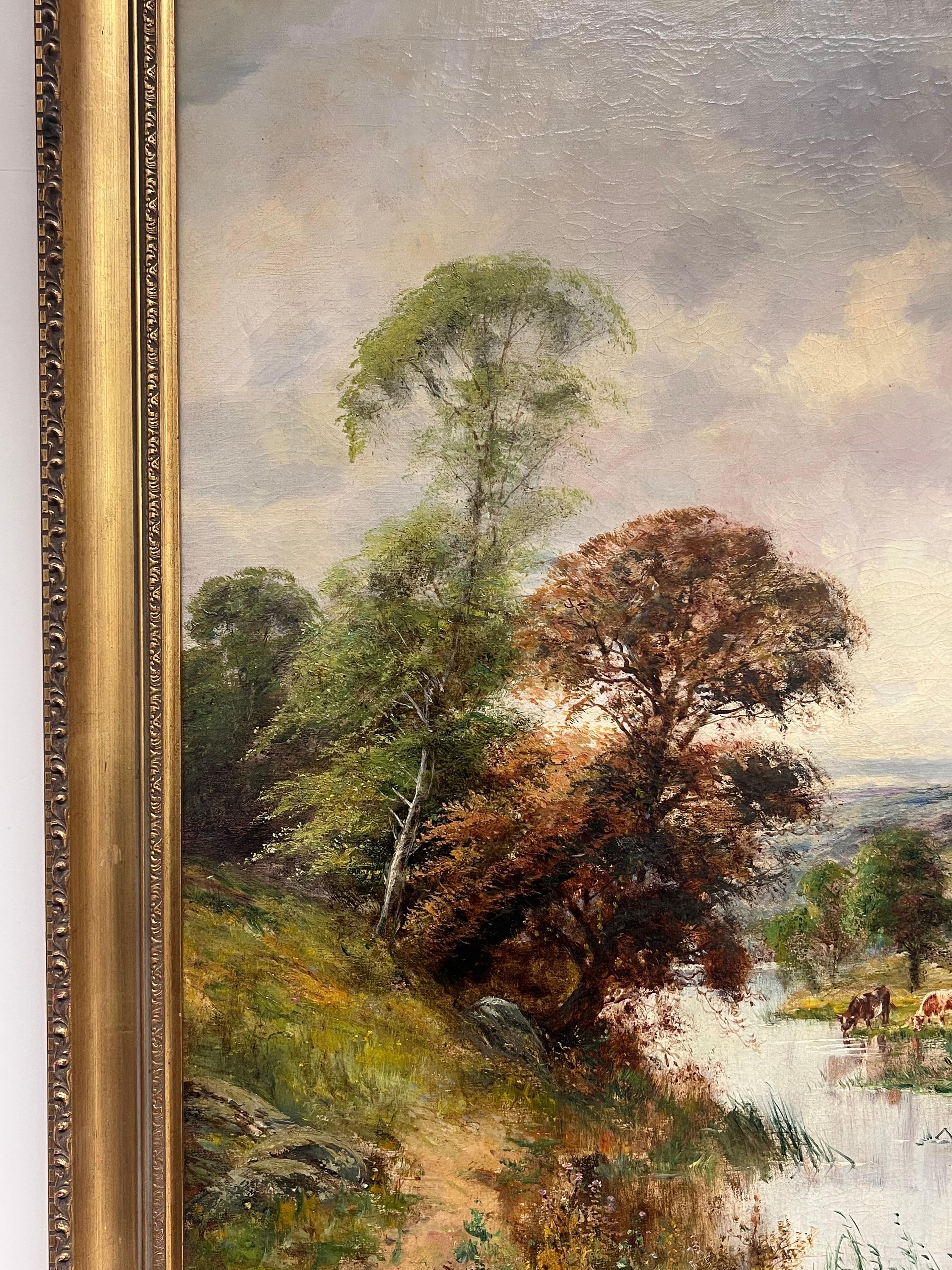 Grande dipinto a olio pastorale britannico vittoriano con bestiame al pascolo e vista sul fiume in vendita 5