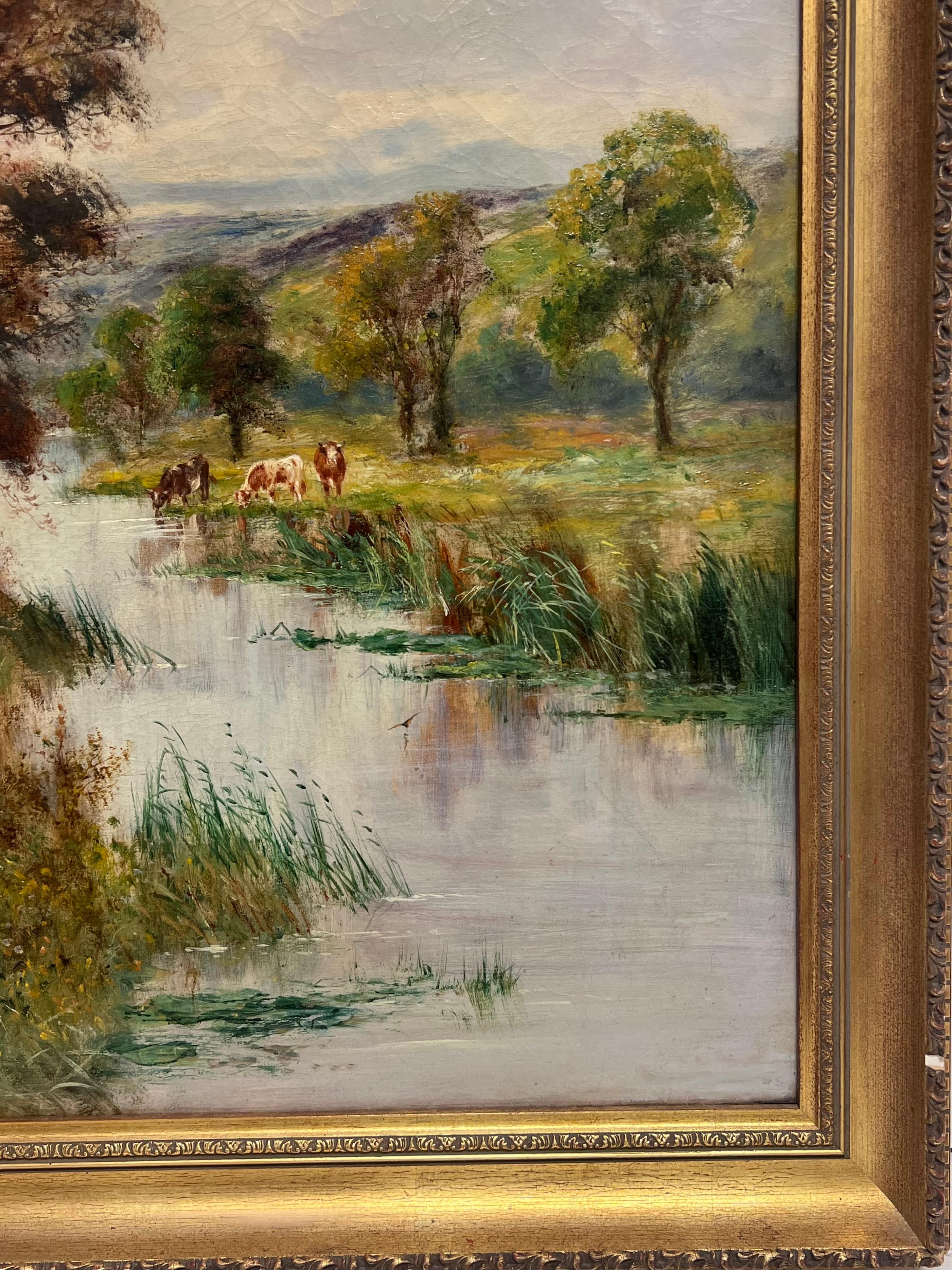 Grande dipinto a olio pastorale britannico vittoriano con bestiame al pascolo e vista sul fiume in vendita 6