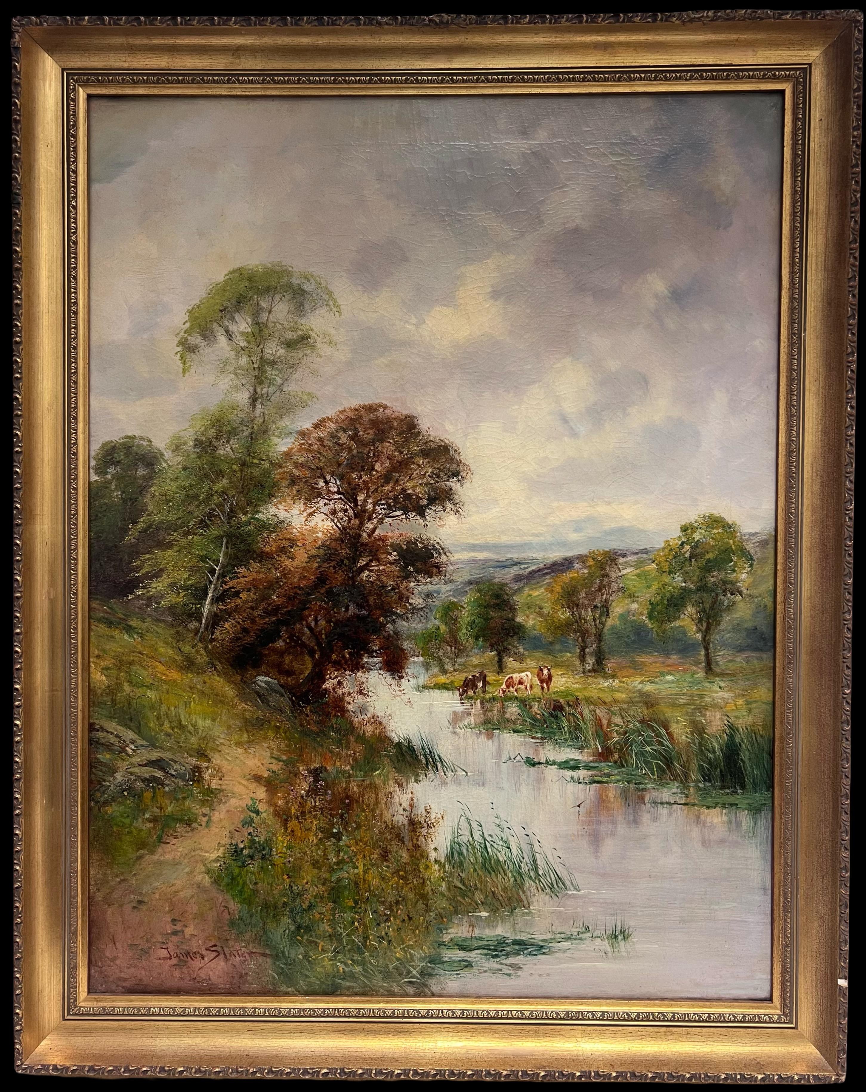 Grande dipinto a olio pastorale britannico vittoriano con bestiame al pascolo e vista sul fiume - Painting di Walter James Slater