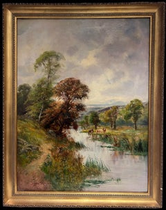 Large Victorian British Pastoral Oil Painting Cattle Grazing Tranquil River View