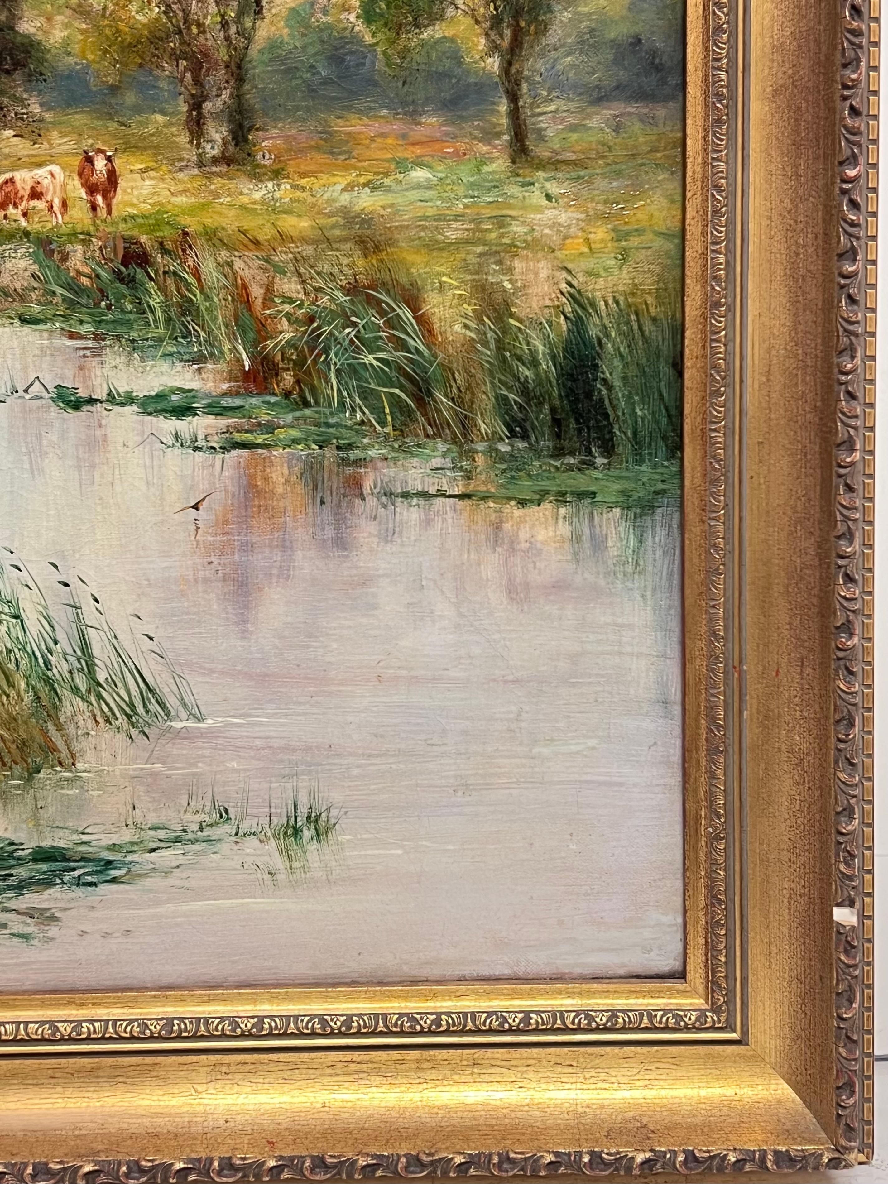 Grande dipinto a olio pastorale britannico vittoriano con bestiame al pascolo e vista sul fiume - Painting Vittoriano di Walter James Slater