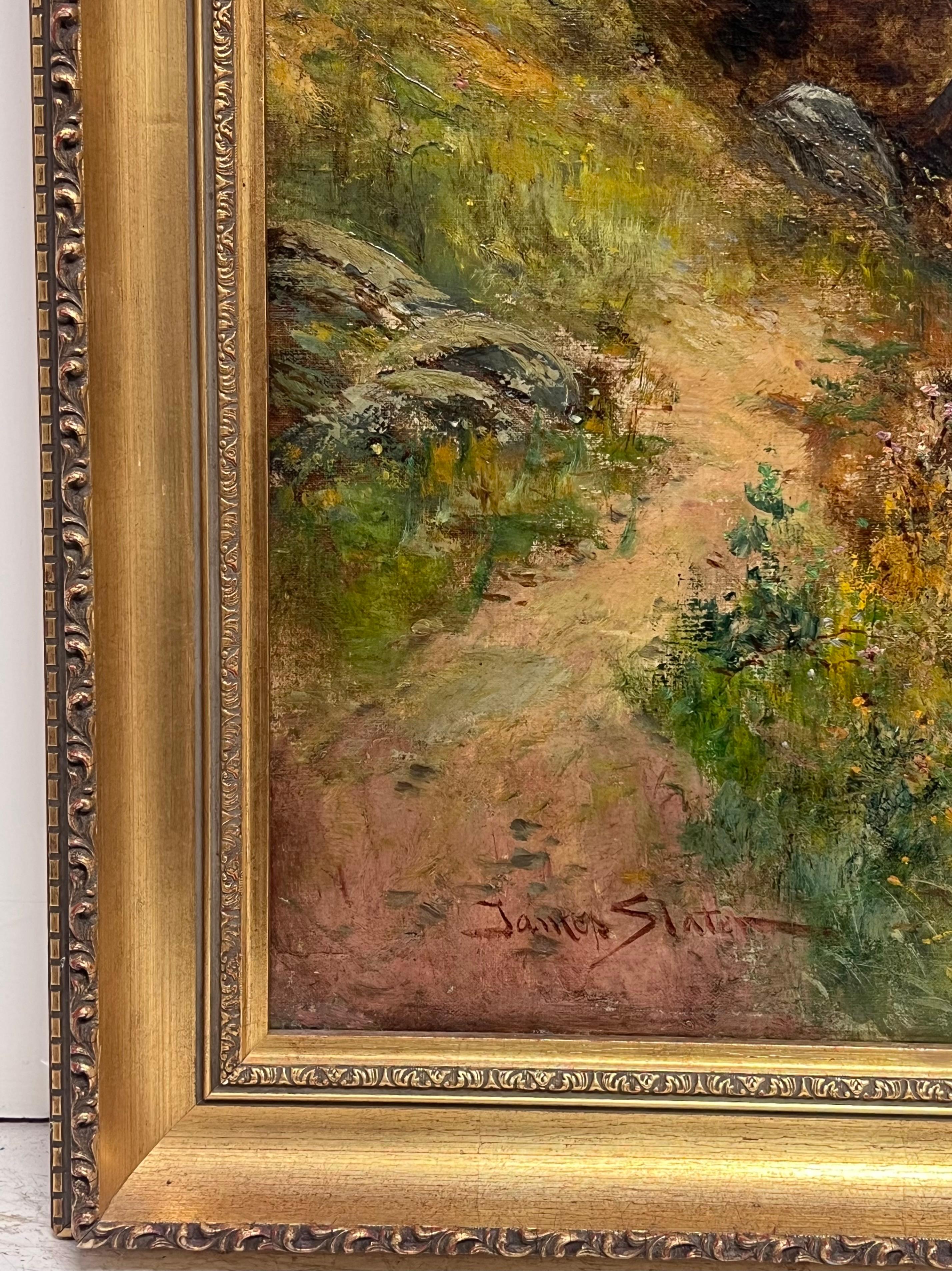 Grande dipinto a olio pastorale britannico vittoriano con bestiame al pascolo e vista sul fiume - Animal Painting Marrone di Walter James Slater