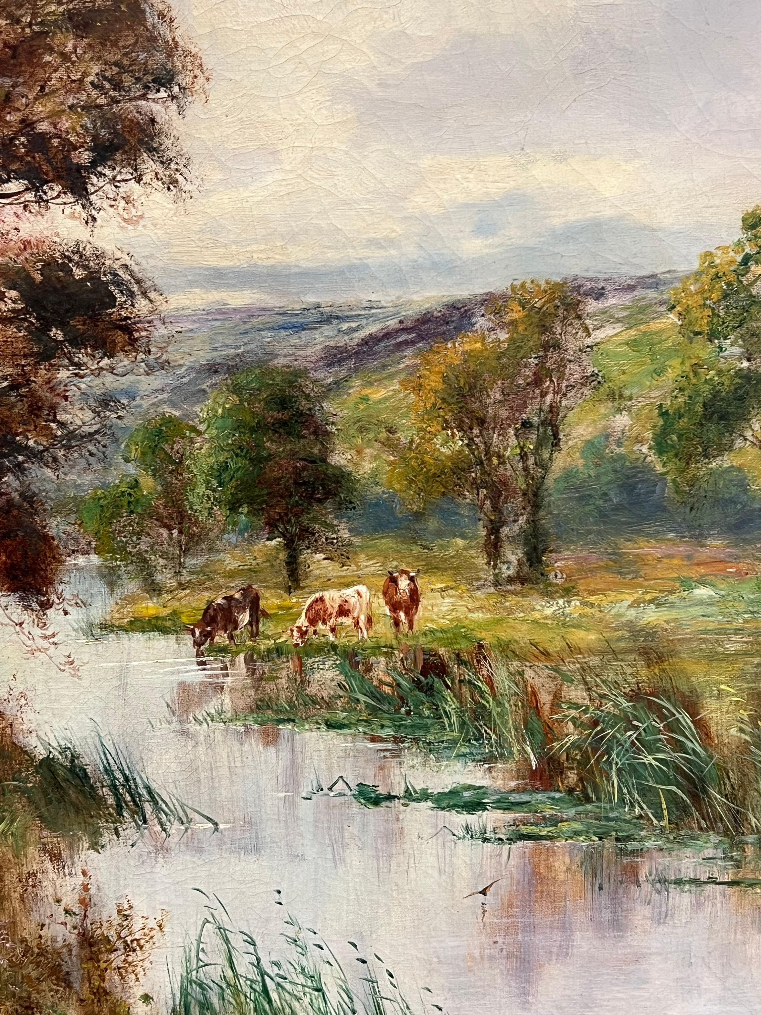 Grande dipinto a olio pastorale britannico vittoriano con bestiame al pascolo e vista sul fiume in vendita 2