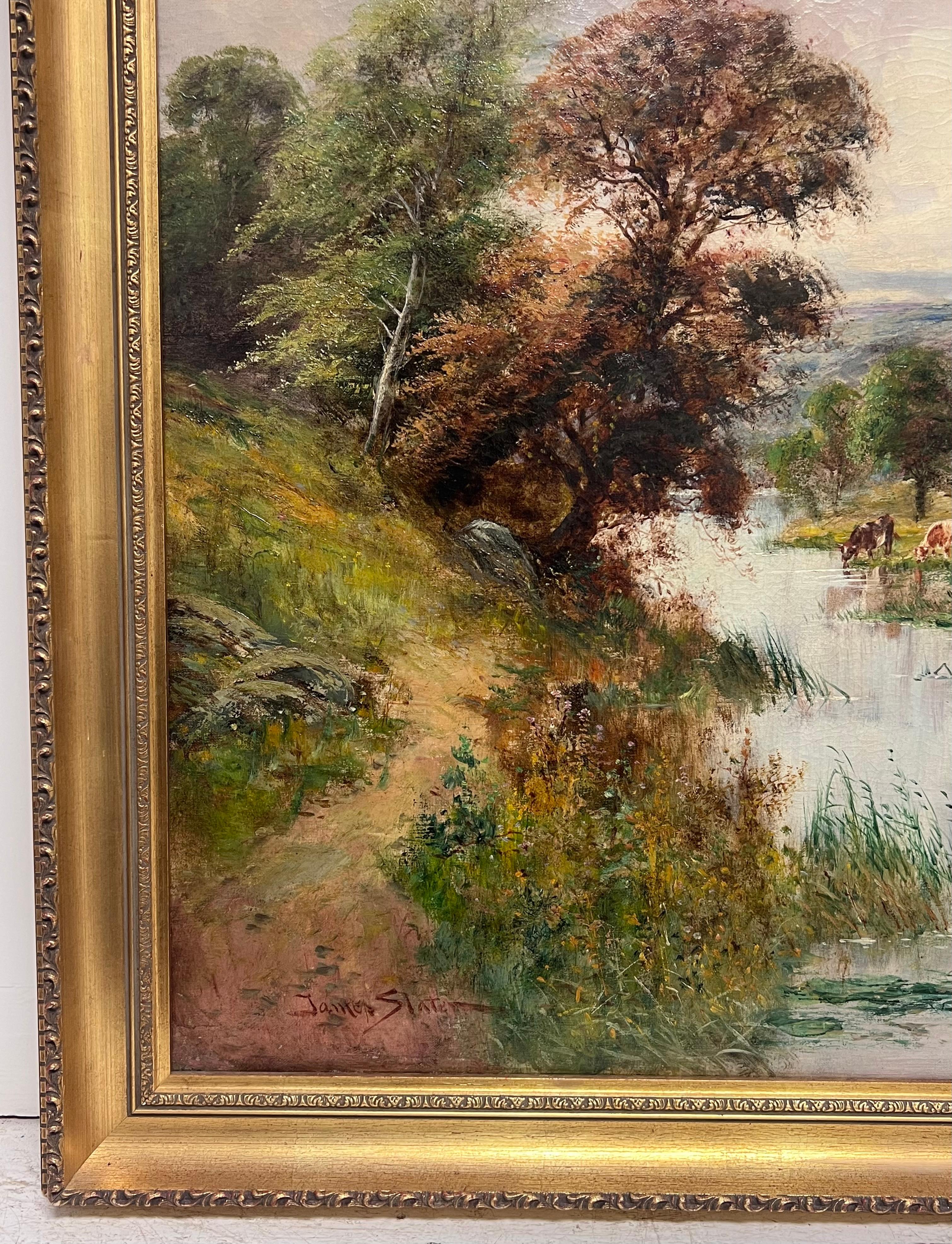 Grande dipinto a olio pastorale britannico vittoriano con bestiame al pascolo e vista sul fiume in vendita 3