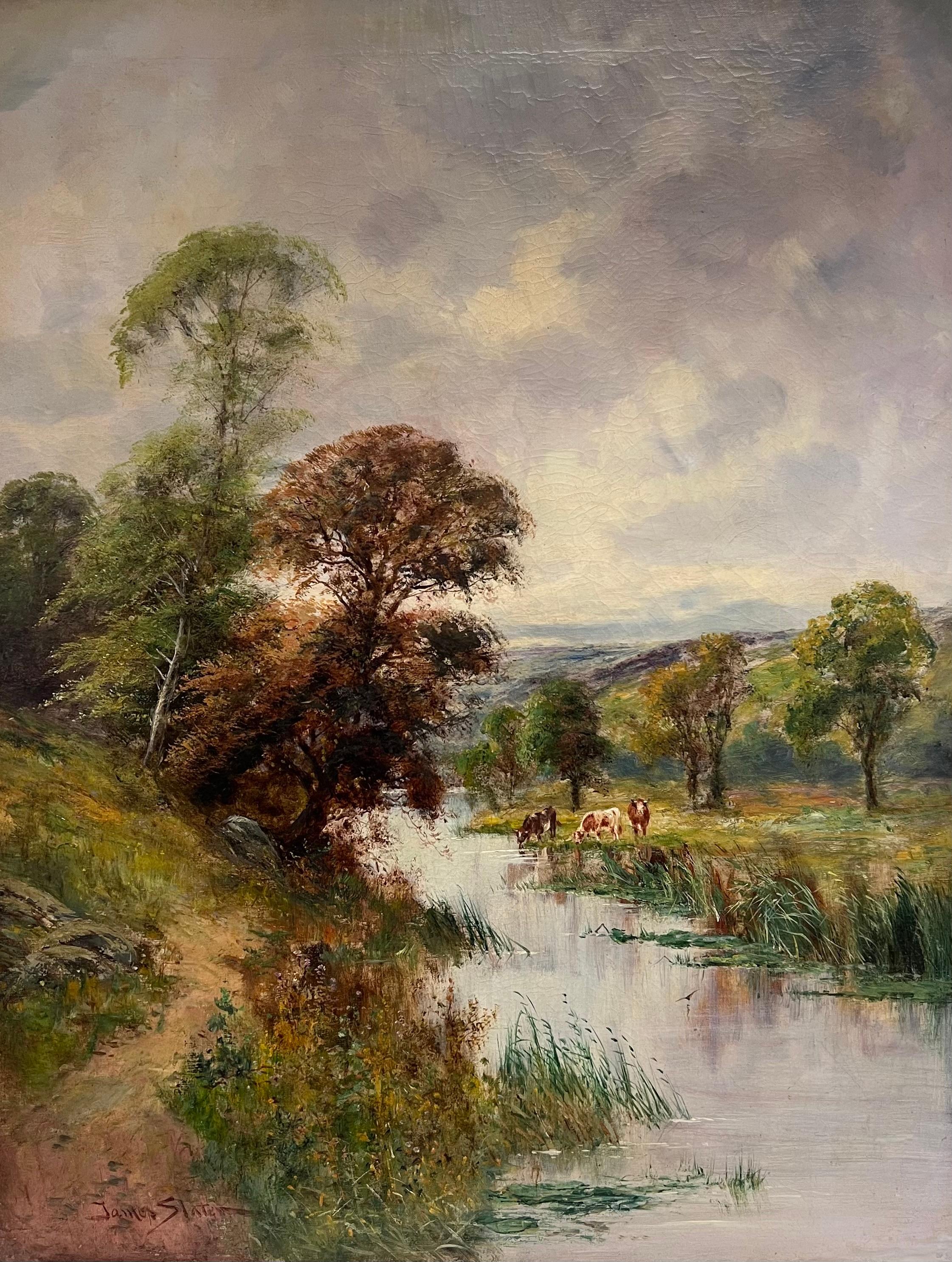 Animal Painting di Walter James Slater - Grande dipinto a olio pastorale britannico vittoriano con bestiame al pascolo e vista sul fiume
