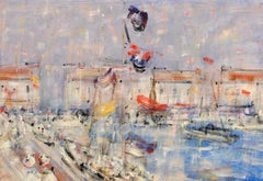 Sulla costa francese - Pittura a olio figurativa English Impressionist del XX secolo