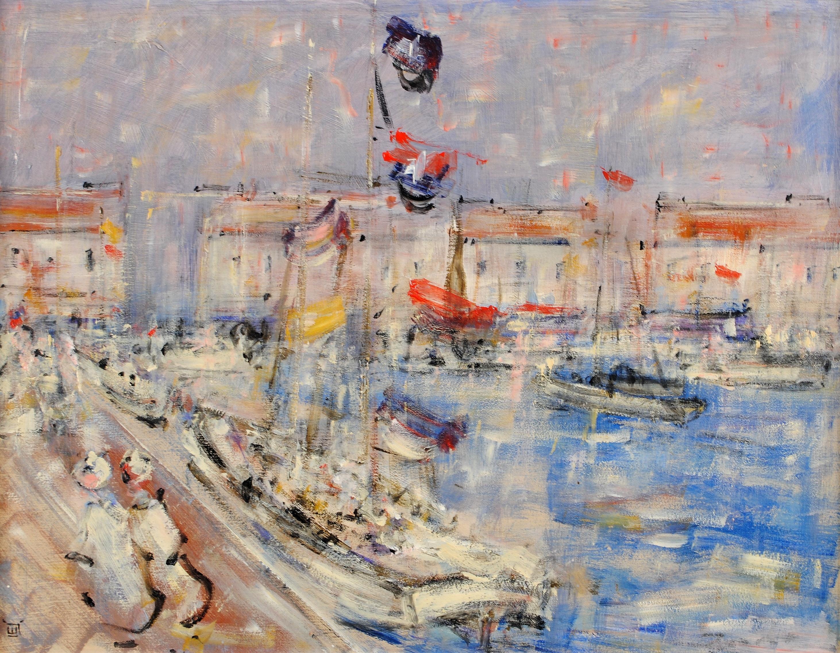 Sulla costa francese - Pittura a olio figurativa English Impressionist del XX secolo - Landscape Painting Grigio di Walter John Beauvais