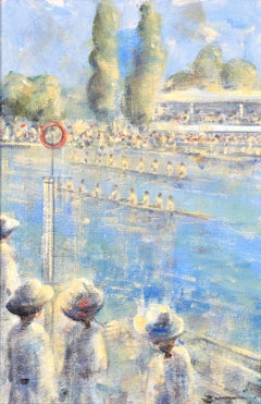 The Regatta - 20th Century English Impressionist Figurative Rowing Oil Painting