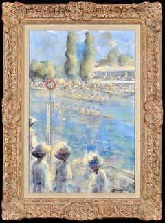 Vintage The Regatta - 20th Century English Impressionist Figurative Rowing Oil Painting