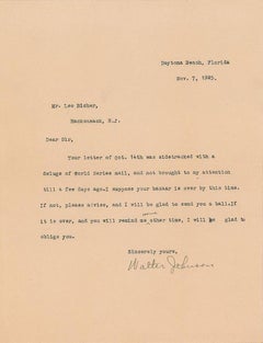 Walter Johnson, Washington Senators Hall of Fame Pitcher, Signed Letter, 1925