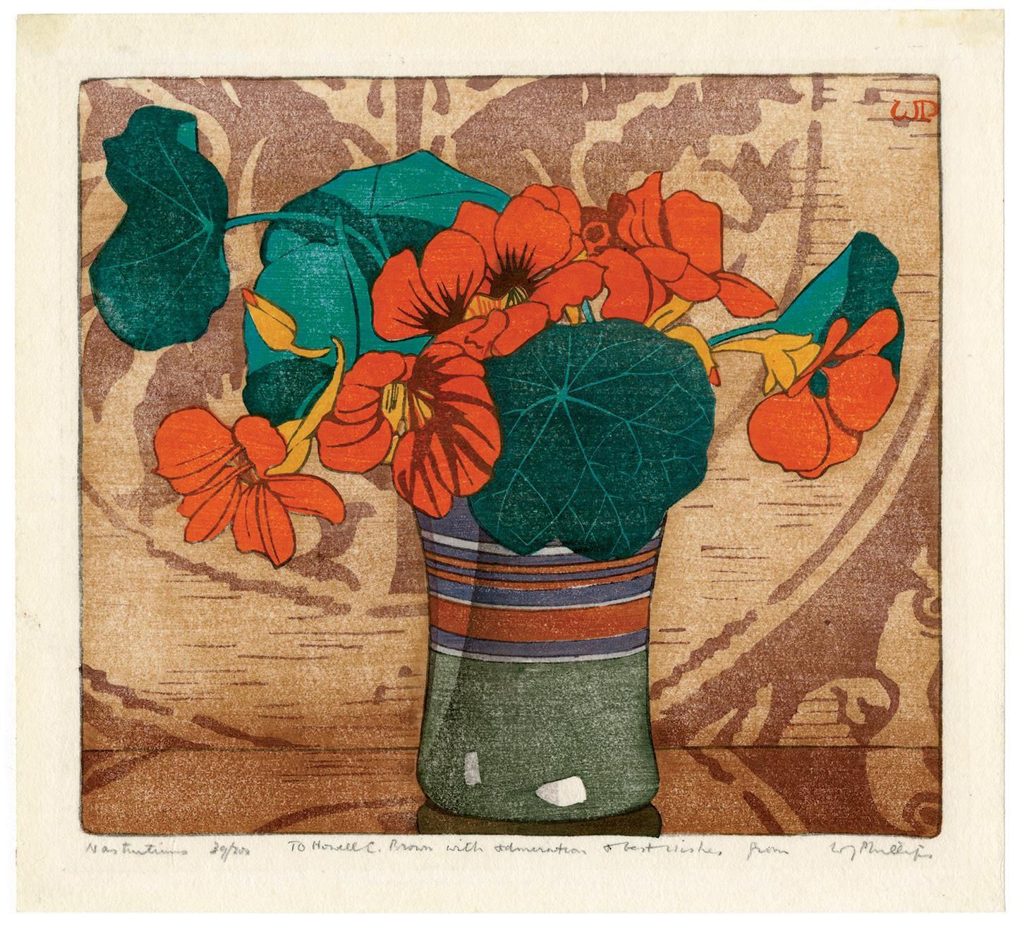 Nasturtiums — 1920s Arts and Crafts color woodcut - Print by Walter Joseph Phillips