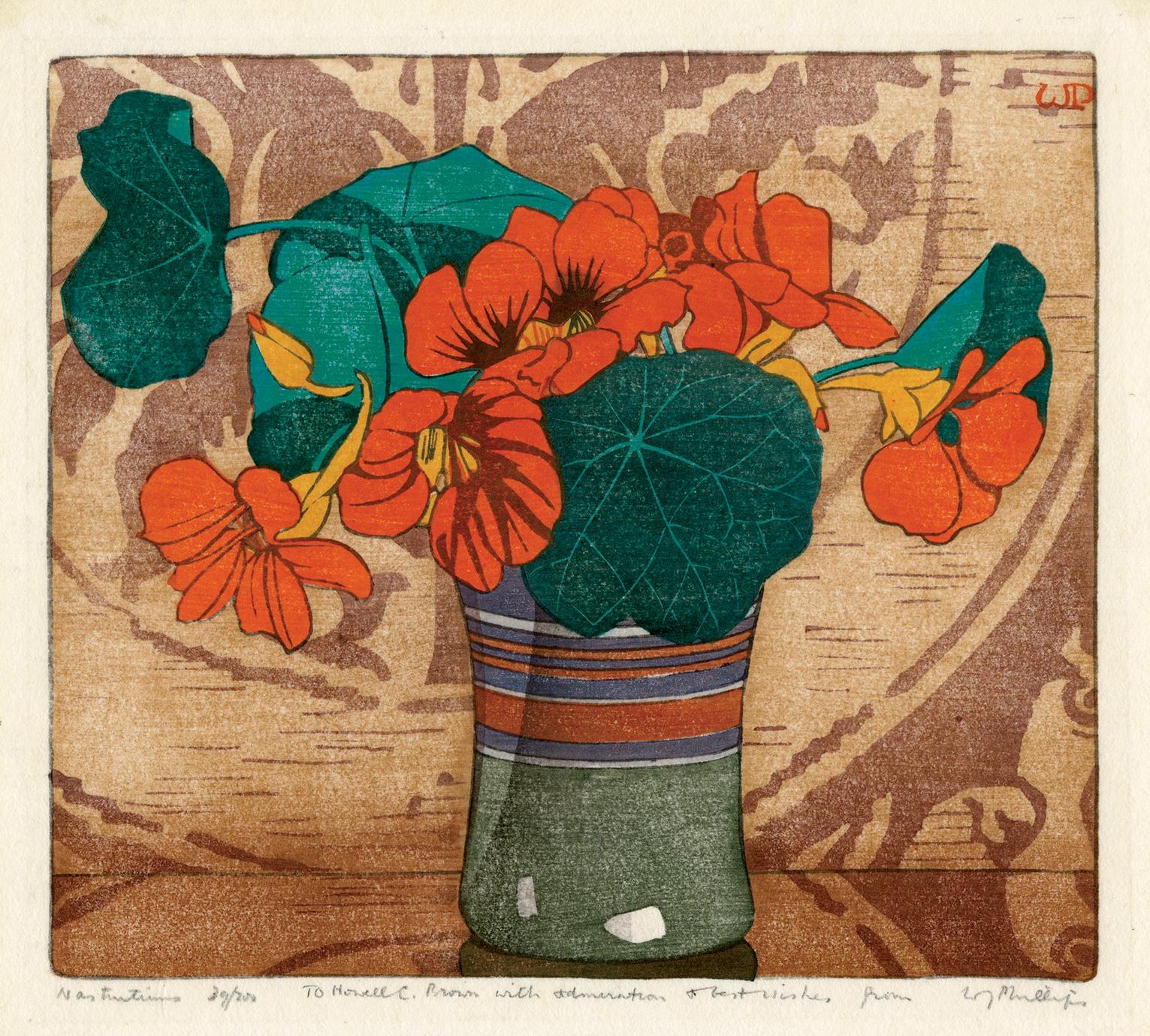Walter Joseph Phillips Figurative Print - Nasturtiums — 1920s Arts and Crafts color woodcut