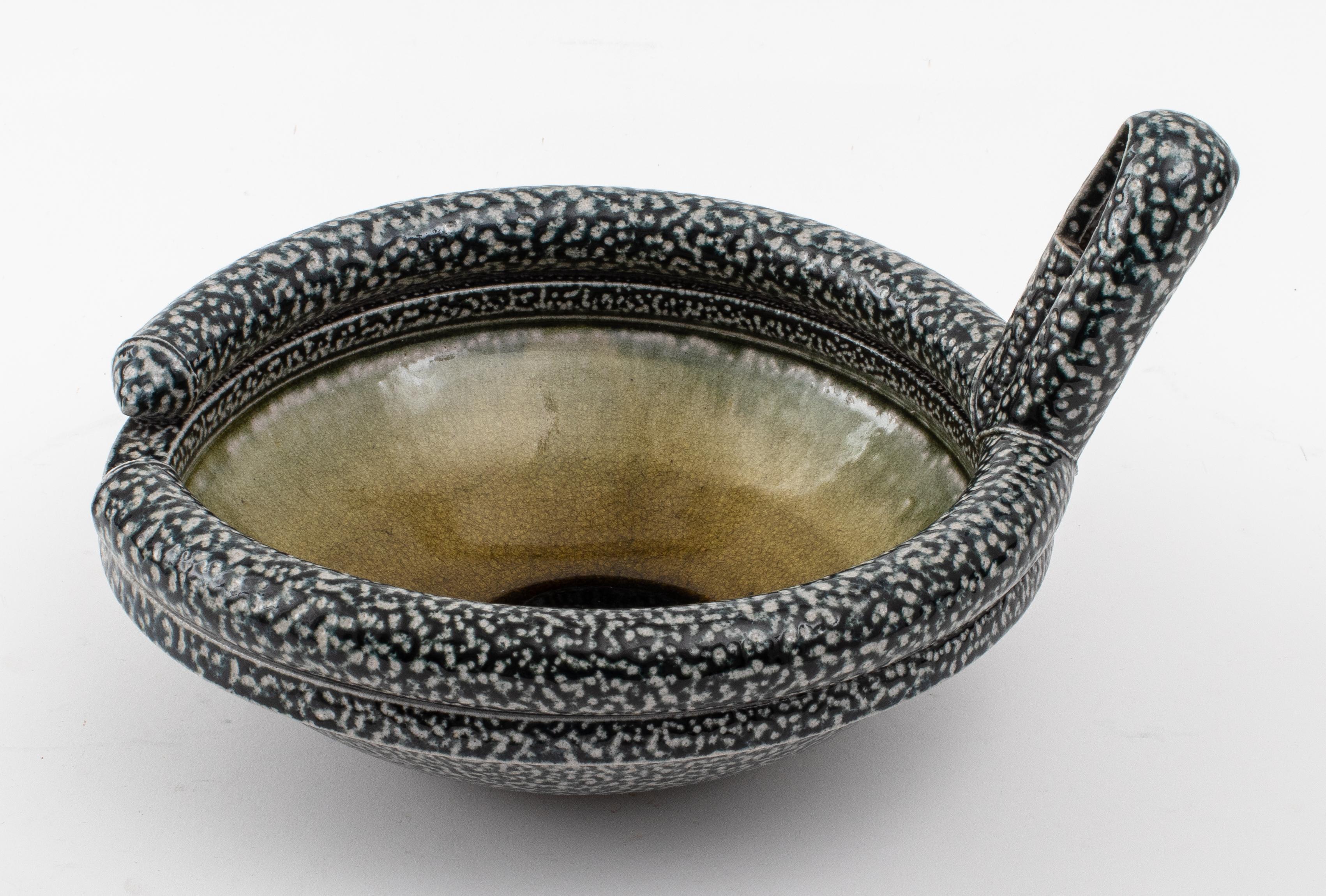 Walter Keeler (British, b. 1942), modern salt-glazed ceramic studio art pottery bowl with coiled rim and handle, marked. 6