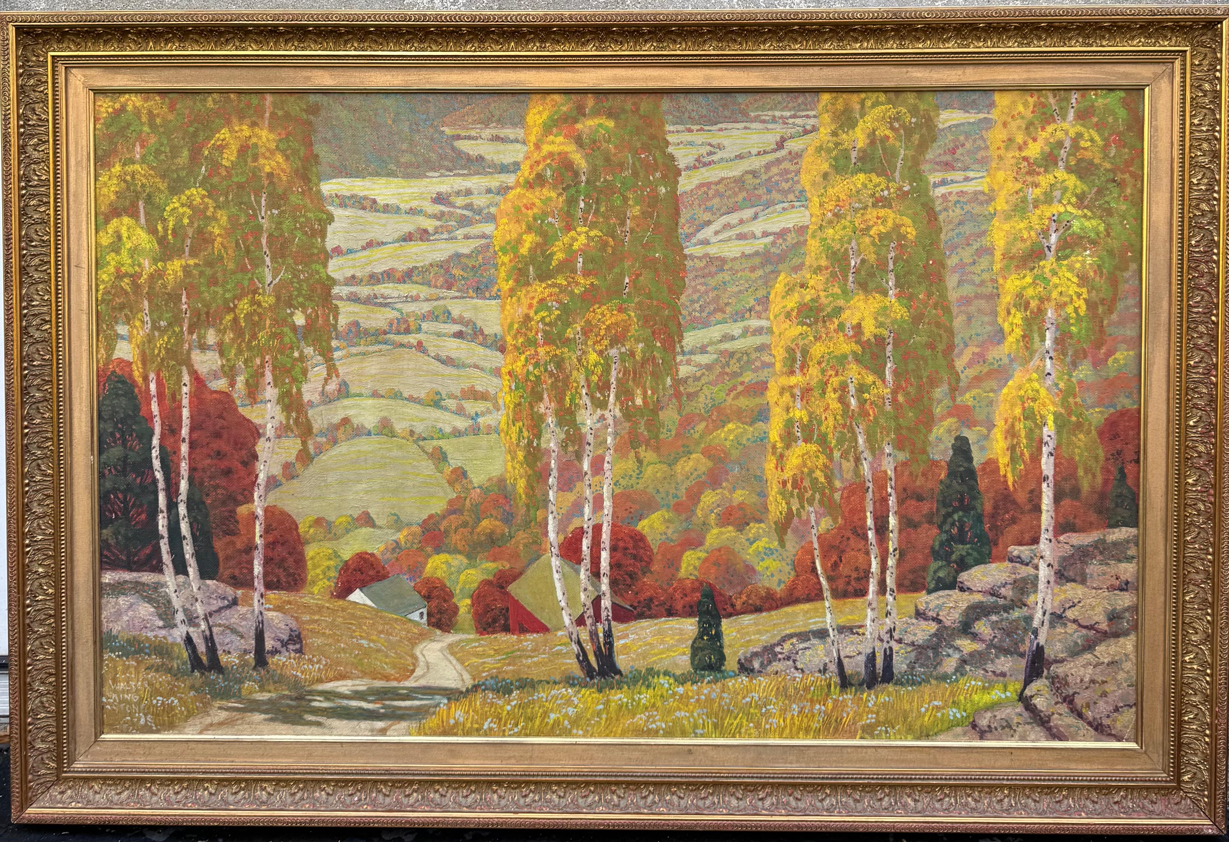 UPSTATE NEW YORK Expansive Valley Landscape w/ Roadway oil painting - Painting de Walter King Stone