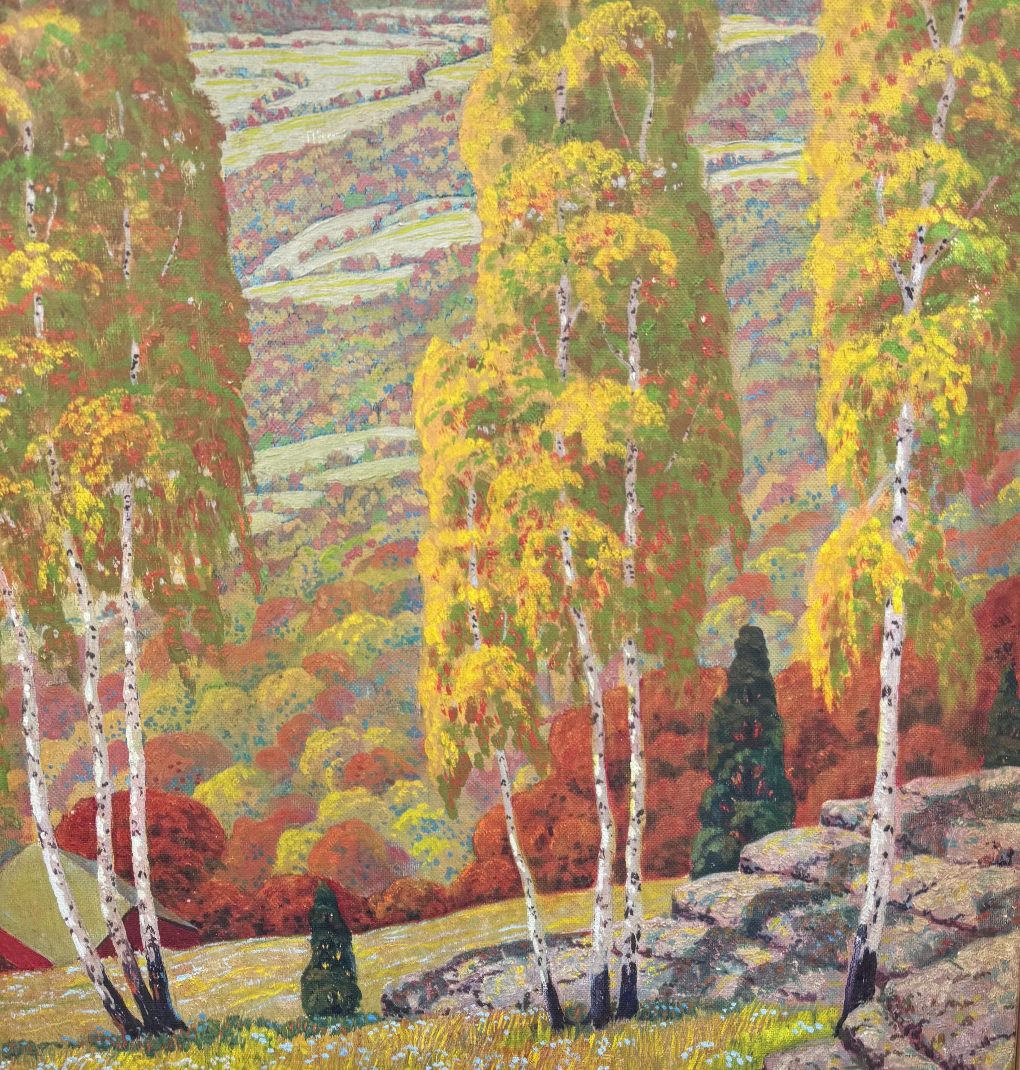 UPSTATE NEW YORK Expansive Valley Landscape w/ Roadway oil painting - Landscape Painting Marrón de Walter King Stone