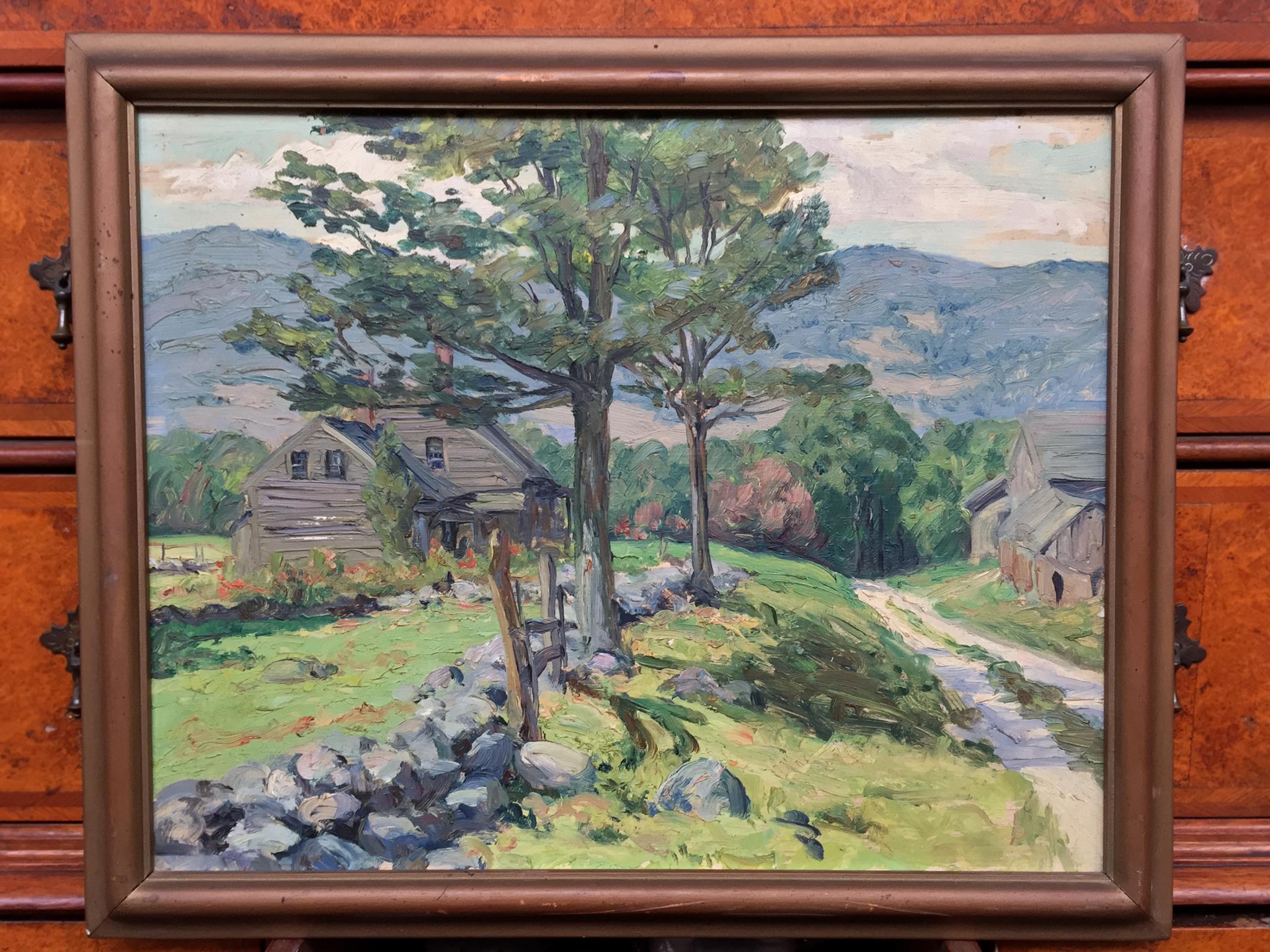 An idyllic landscape painting by the artist Walter King Stone. Oil on Masonite board, circa mid-late 1940s. The painting portrays a countryside scene with a tree-lined path leading to what perhaps is small town, with a forest and mountains in the