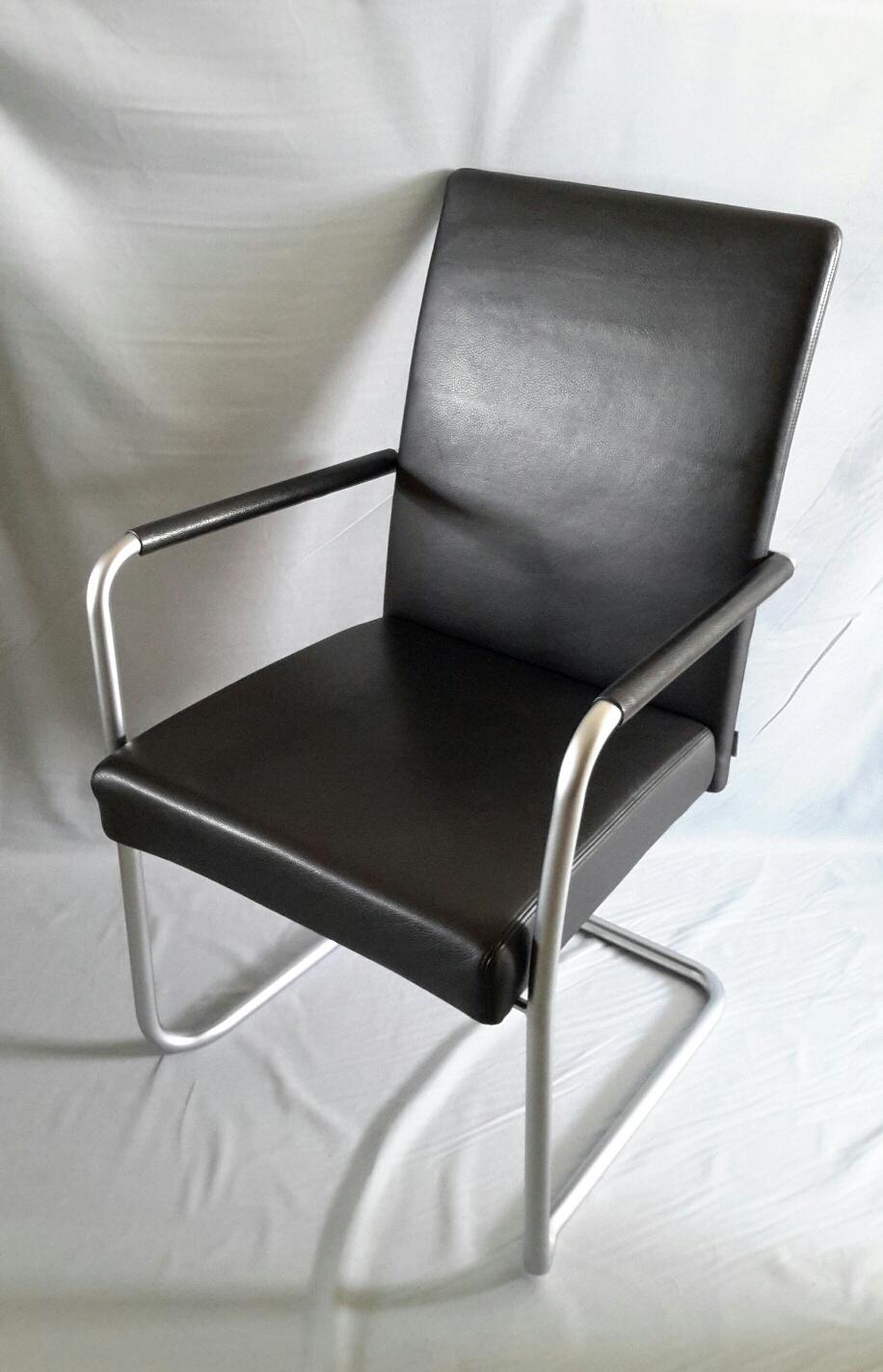 Aluminum Walter Knoll Black Leather Armchairs, Line Jason, Austria, 1997 For Sale
