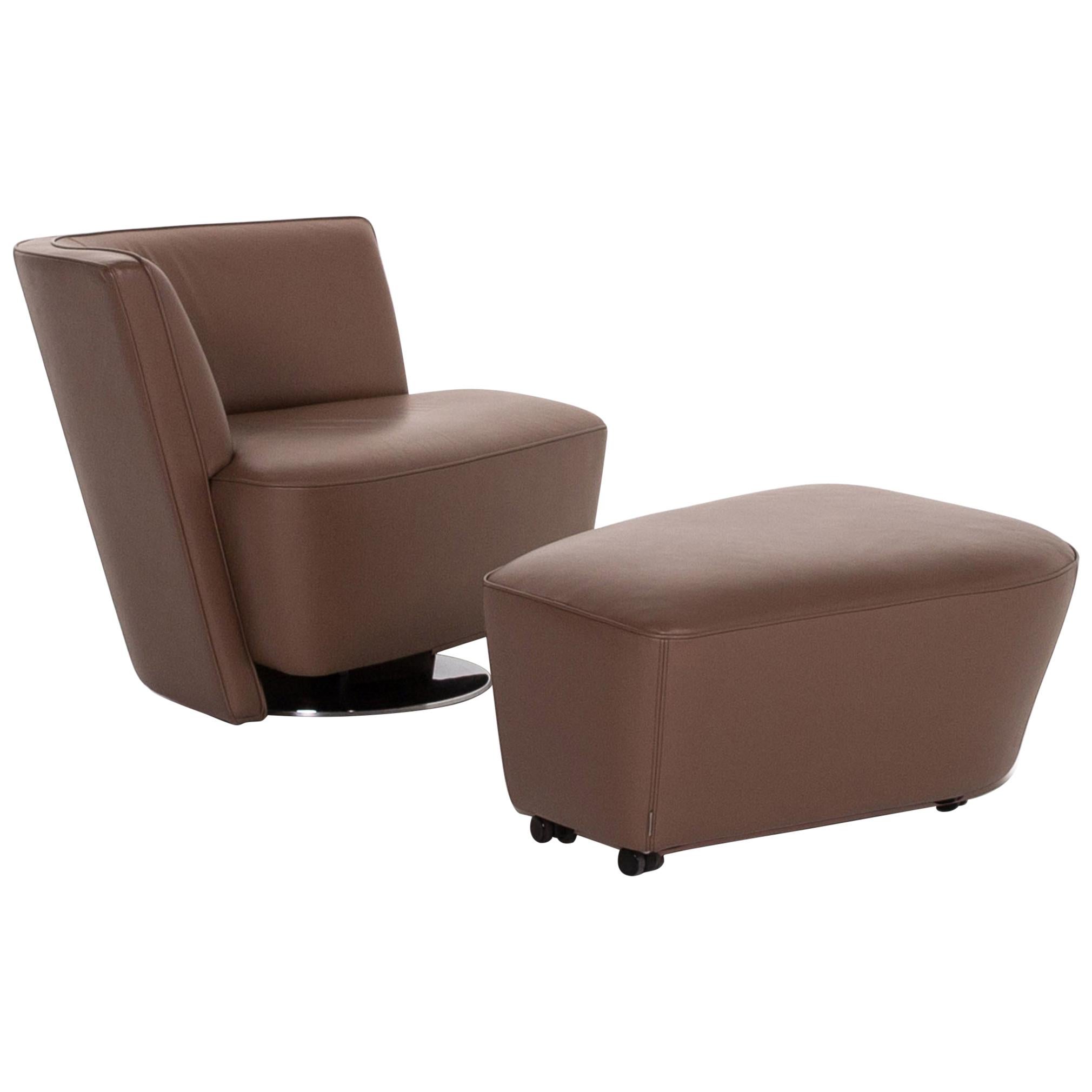 Walter Knoll Drift Leather Armchair Set Brown 1 Armchair 1 Stool For Sale