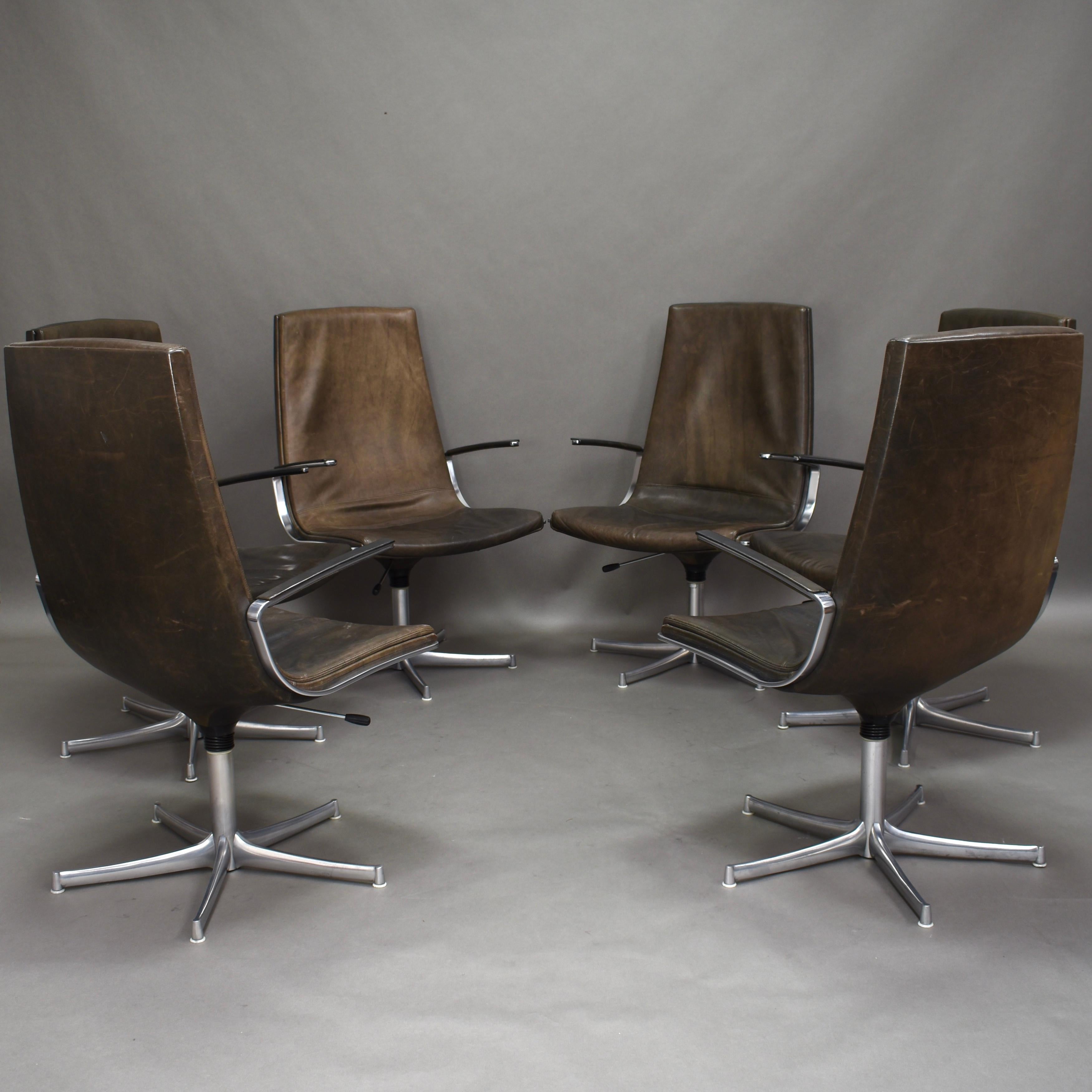 Mid-Century Modern Four Walter Knoll Leather Office / Desk Swivel Armchairs, Germany, 1975