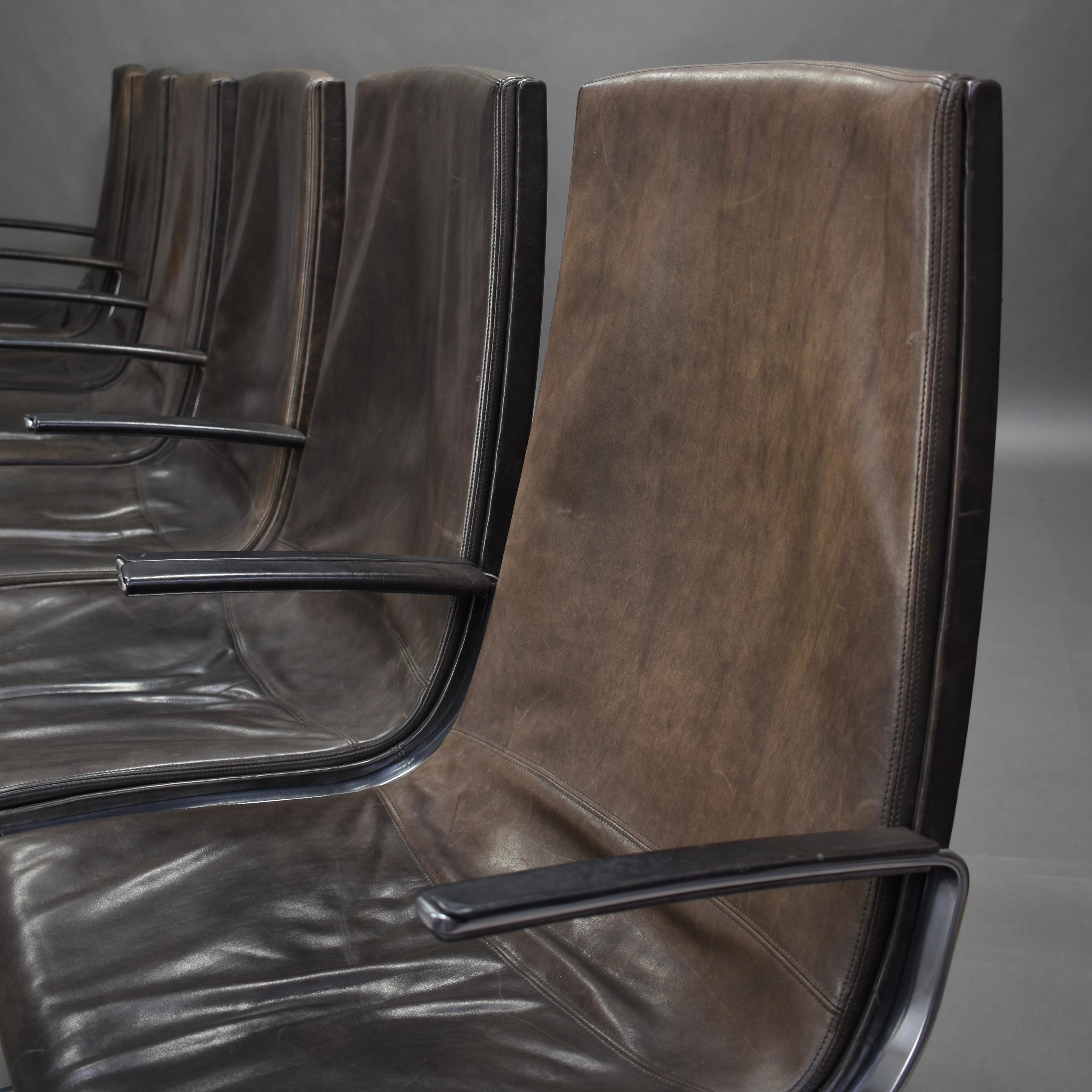 Aluminum Four Walter Knoll Leather Office / Desk Swivel Armchairs, Germany, 1975