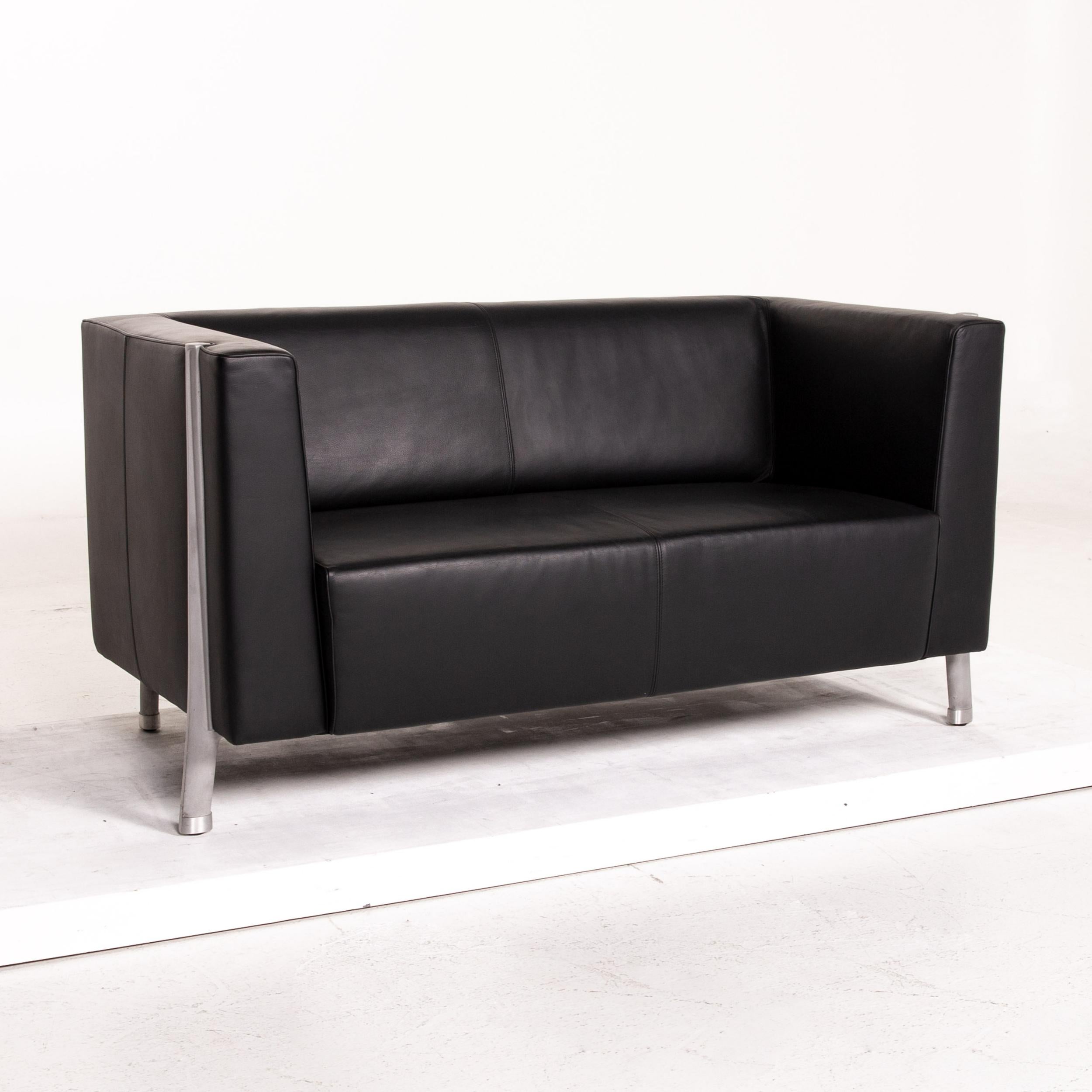 Walter Knoll Leather Sofa Black Two-Seat Couch In Good Condition For Sale In Cologne, DE