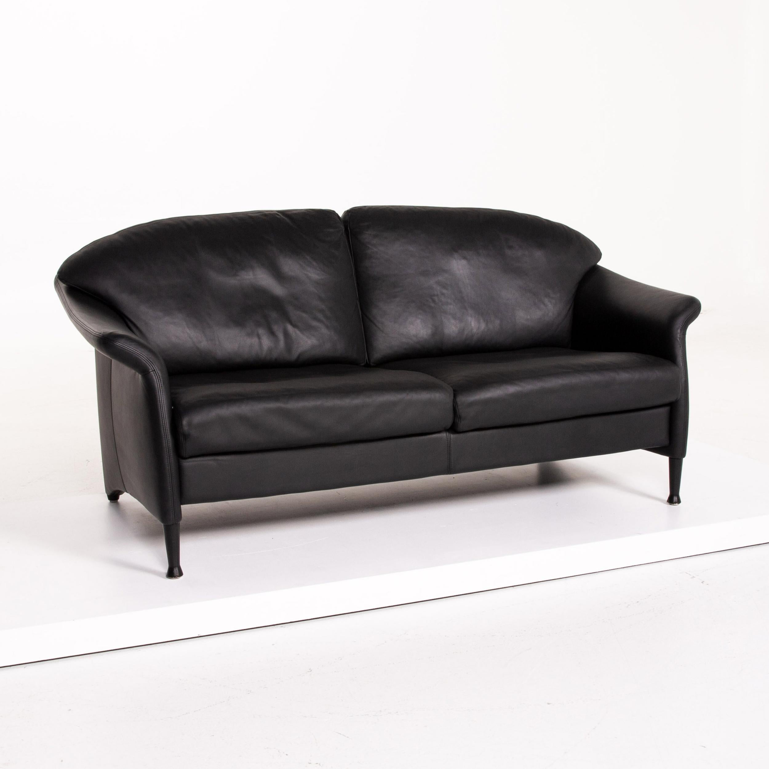 Walter Knoll Leather Sofa Black Two-Seat Couch In Good Condition For Sale In Cologne, DE