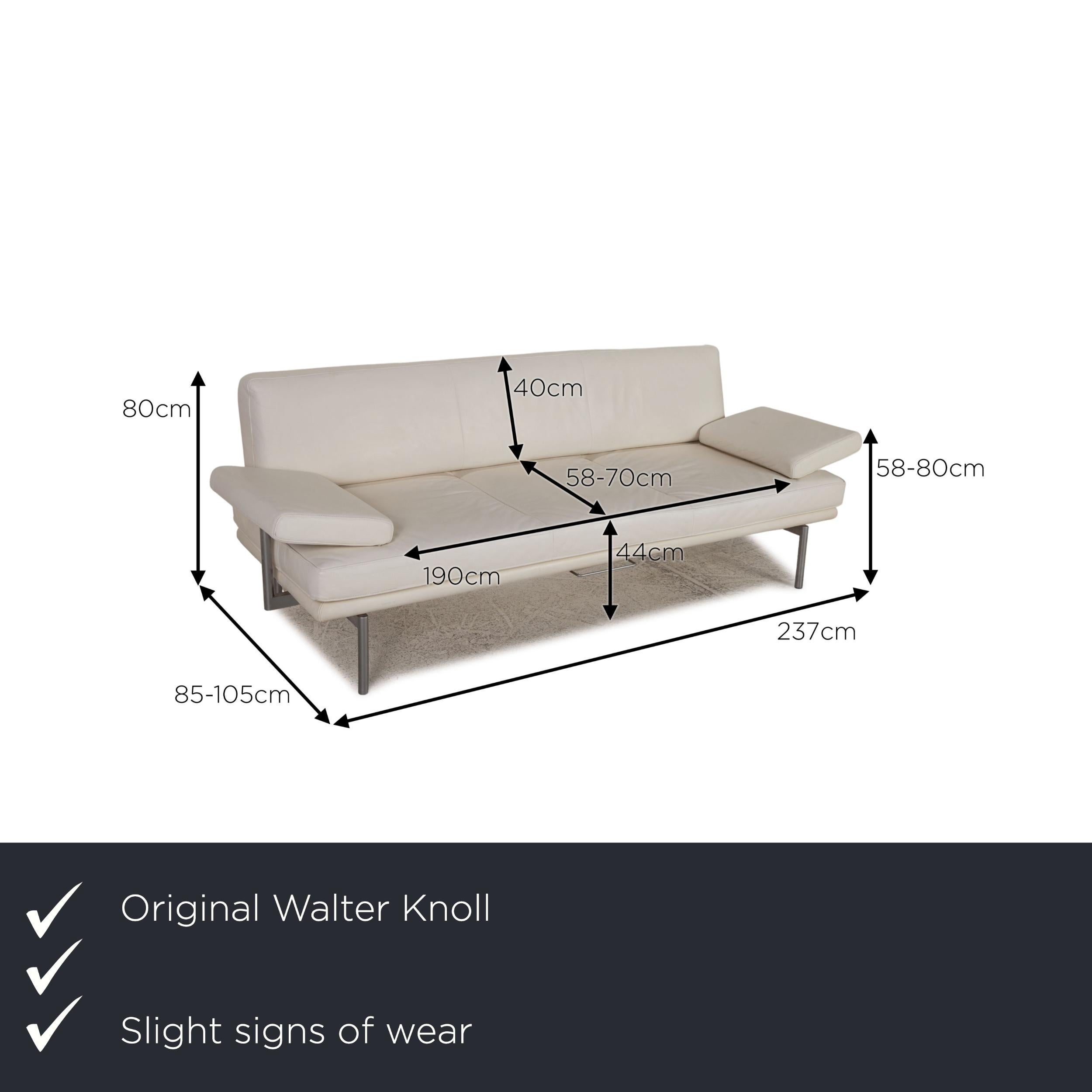 We present to you a Walter Knoll Living Platform leather sofa cream three-seater couch function.

Product measurements in centimeters:

depth: 85
width: 2237
height: 80
seat height: 44
rest height: 58
seat depth: 58
seat width: 190
back
