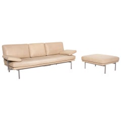 Walter Knoll Living Platform Leather Sofa Set Beige 1x Three-Seater 1x Stool