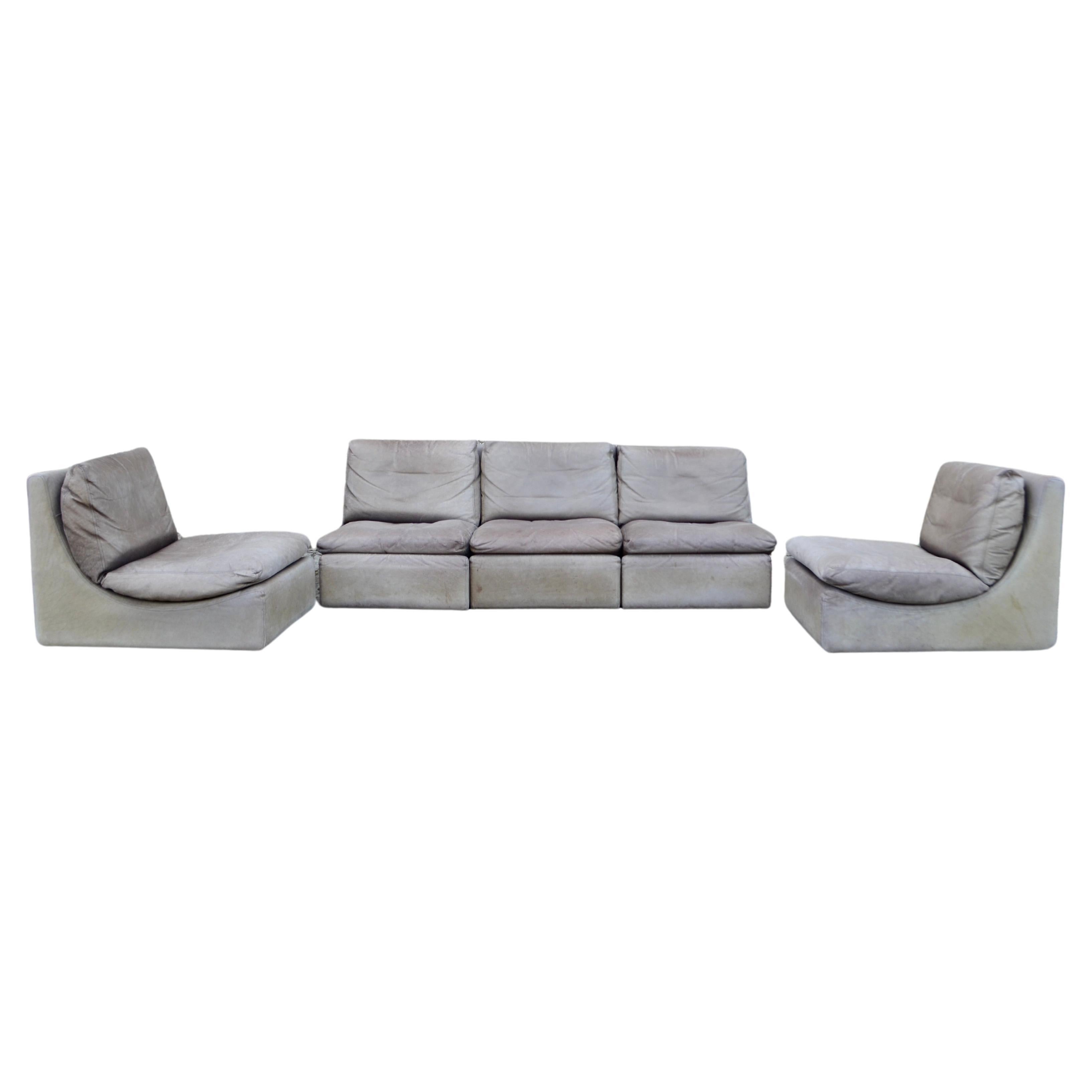 Walter Knoll Vintage Modular Grey Buffallo Leather Lounge Sofa, Germany, 1970