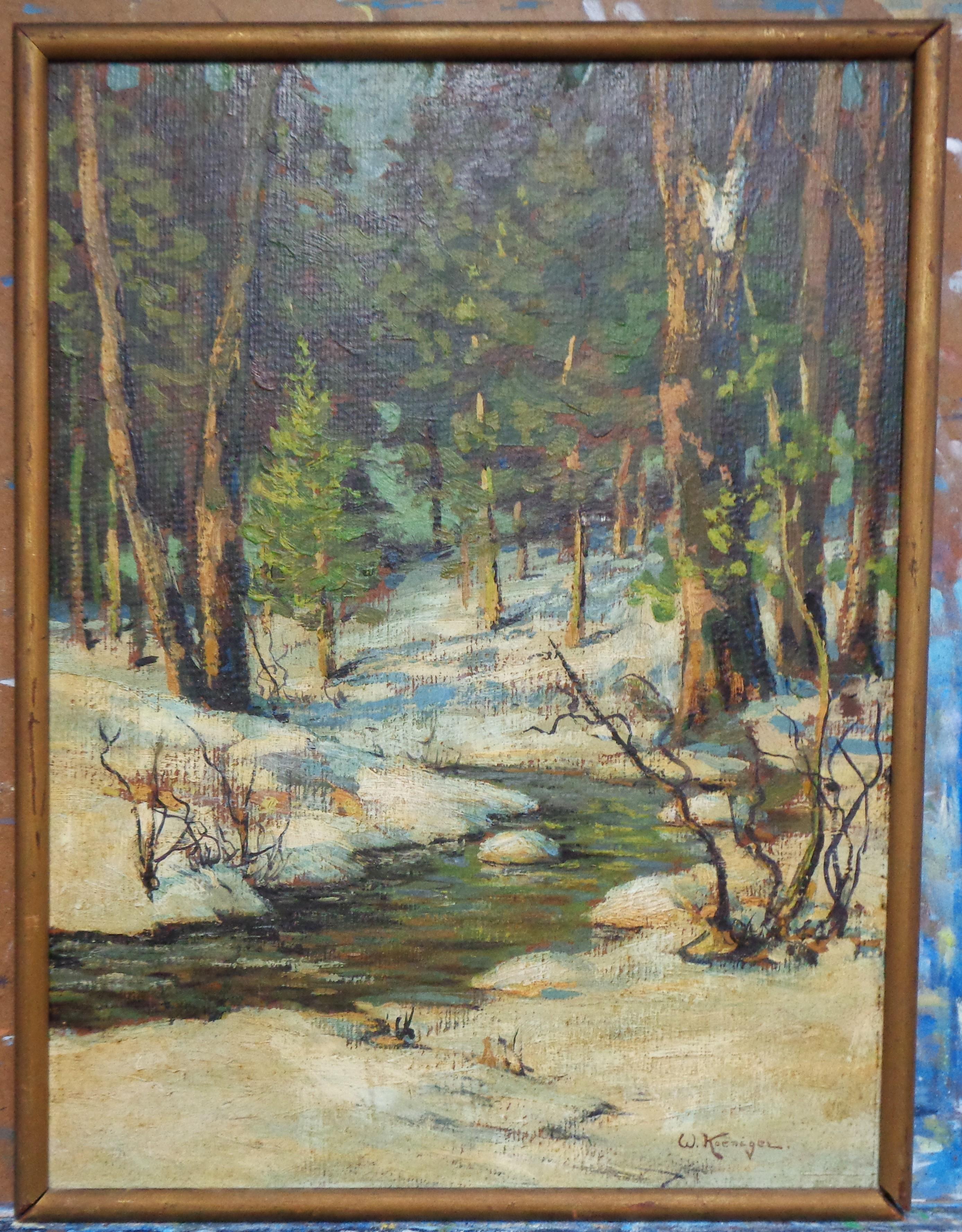 A. Winter Landscape
olio/cartone
16,75 x 12,75 immagine non incorniciata,  17,63 x 13,38 incorniciato 
Ecco una bellissima scena invernale di neve dipinta a olio su tavola da Walter Koeniger e firmata in basso a destra.  Il dipinto è in buone