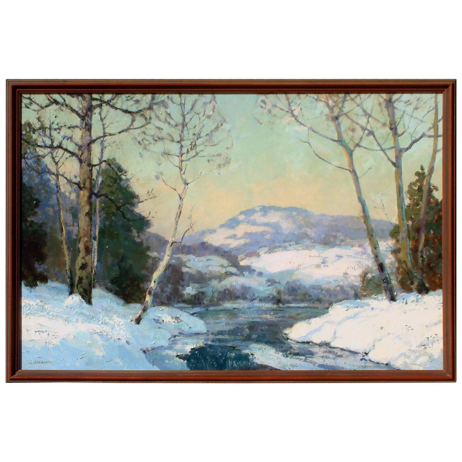Walter Koeniger (1881-1943) Öl auf Leinwand, Winterszene. Schöne Flussbiegung im Schnee. 
Signiert W. Koeniger unten links. Maße: 24 x 36. Der Rahmen misst 30 x 42 Zoll.
In ausgezeichnetem Zustand. 

Walter Koeniger wurde 1881 als Sohn eines