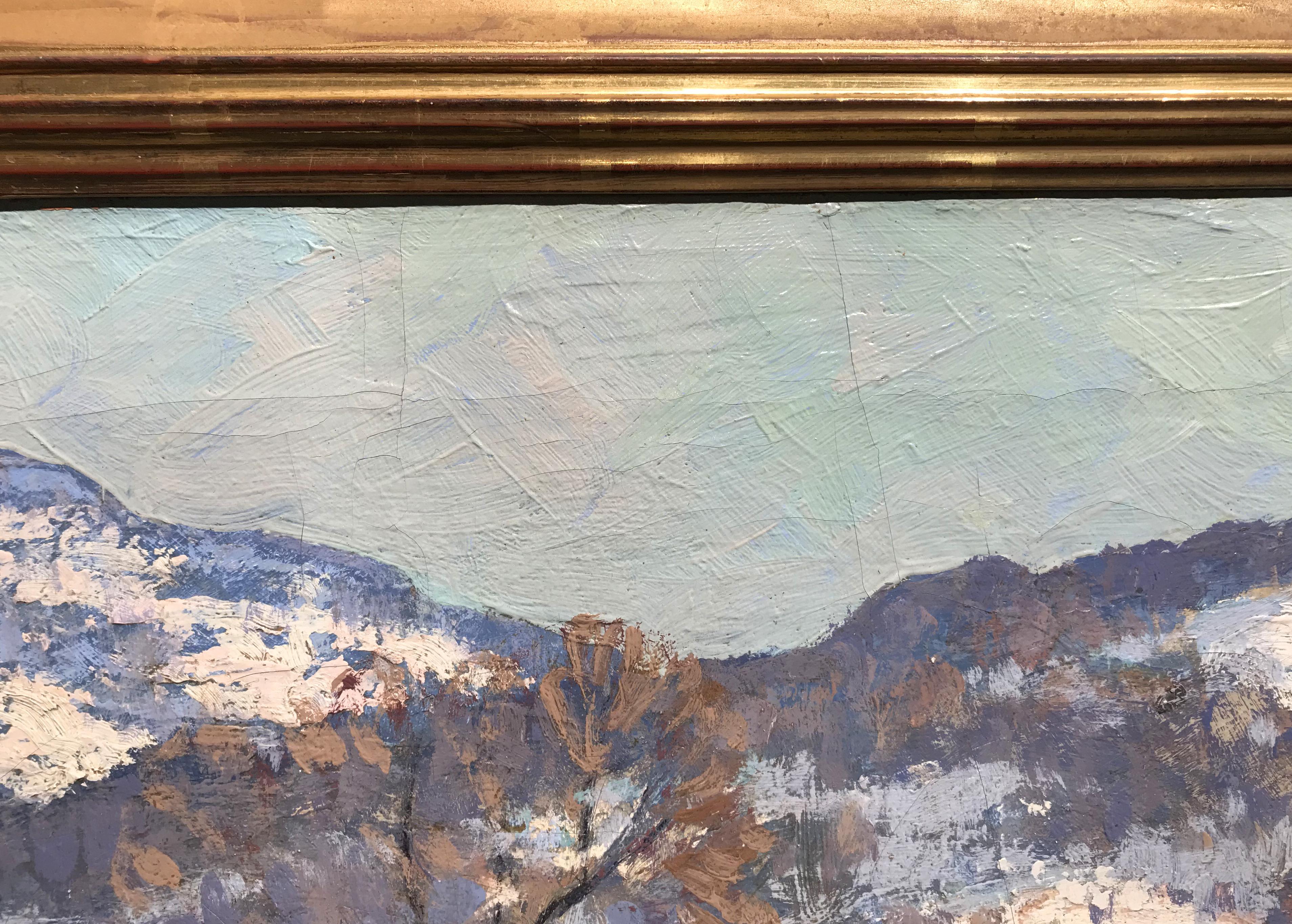 Ce beau paysage impressionniste à l'huile représentant un moulin en hiver a été peint par l'artiste germano-américain Walter Koeniger (1881-1943). Koeniger est né en Allemagne, fils d'architecte, et s'est tourné vers la peinture après avoir étudié