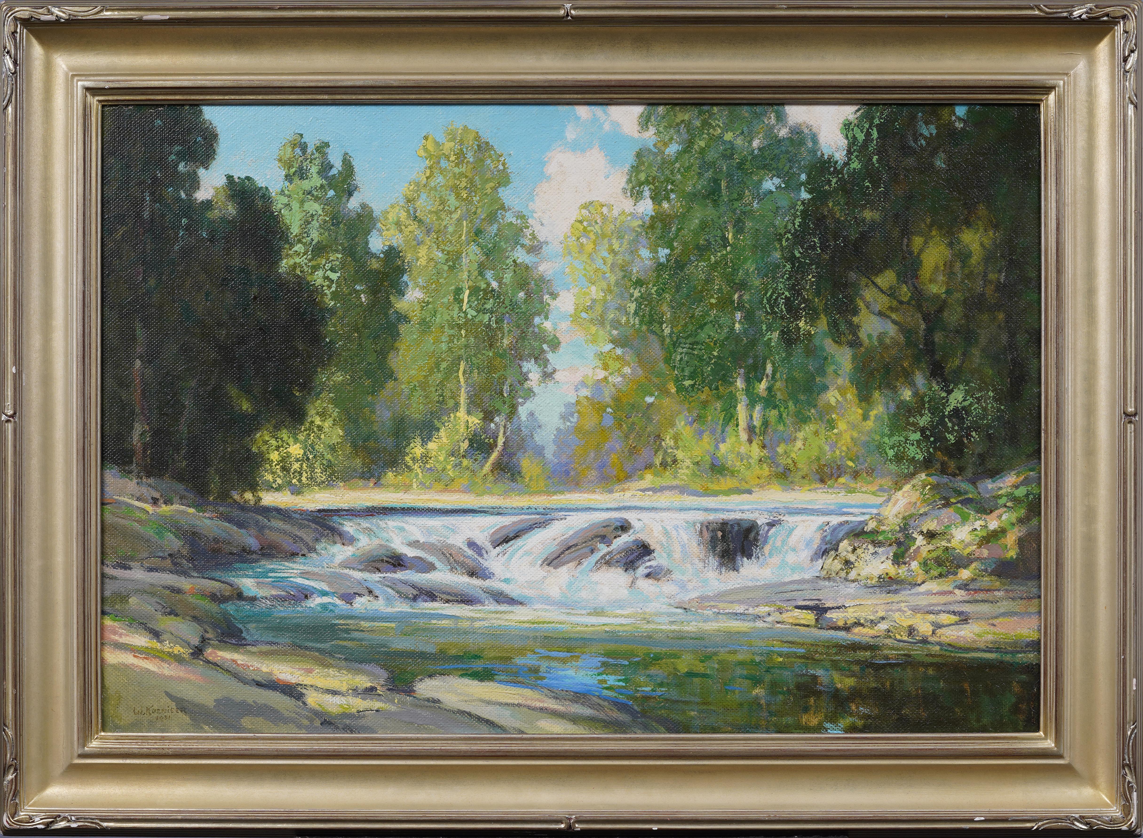 Antiguo cuadro al óleo impresionista americano de gran tamaño enmarcado Paisaje en cascada - Painting de Walter Koeniger (1881 - 1943)