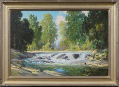 Antique American Impressionist Large Framed Waterfall Landscape Oil Painting