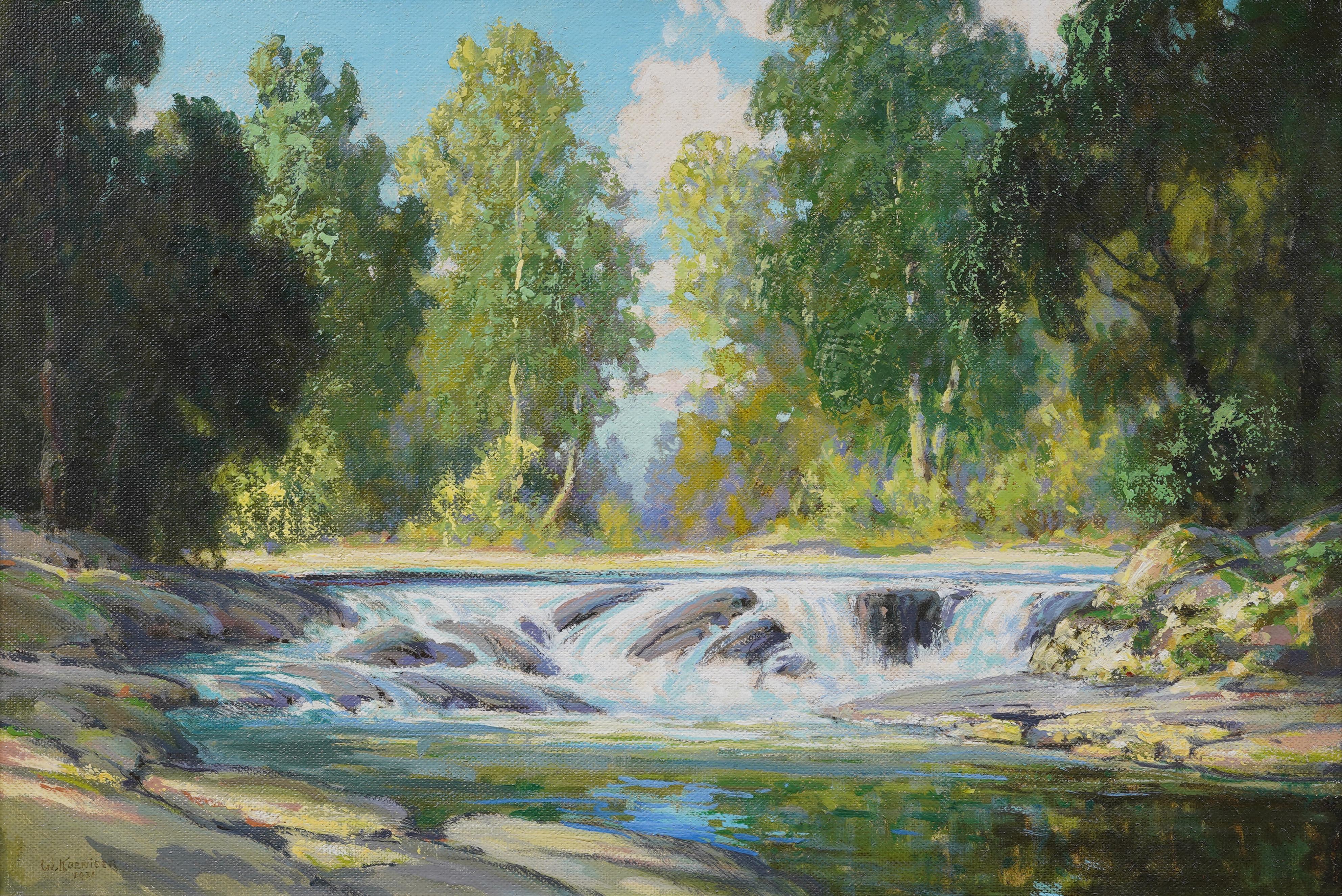 Antiguo cuadro al óleo impresionista americano de gran tamaño enmarcado Paisaje en cascada - Painting Impresionista de Walter Koeniger (1881 - 1943)