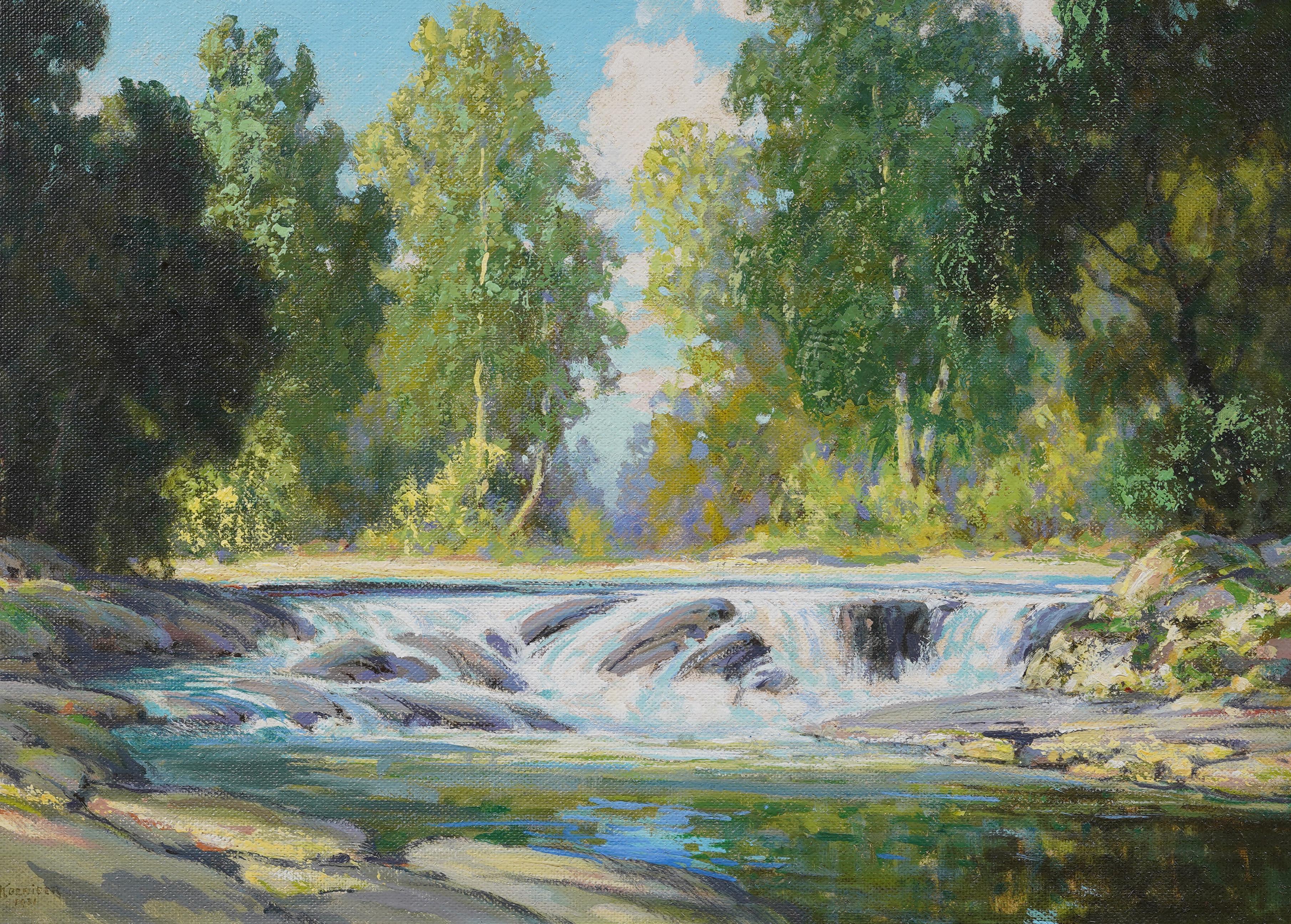 Antiguo cuadro al óleo impresionista americano de gran tamaño enmarcado Paisaje en cascada - Landscape Painting Gris de Walter Koeniger (1881 - 1943)