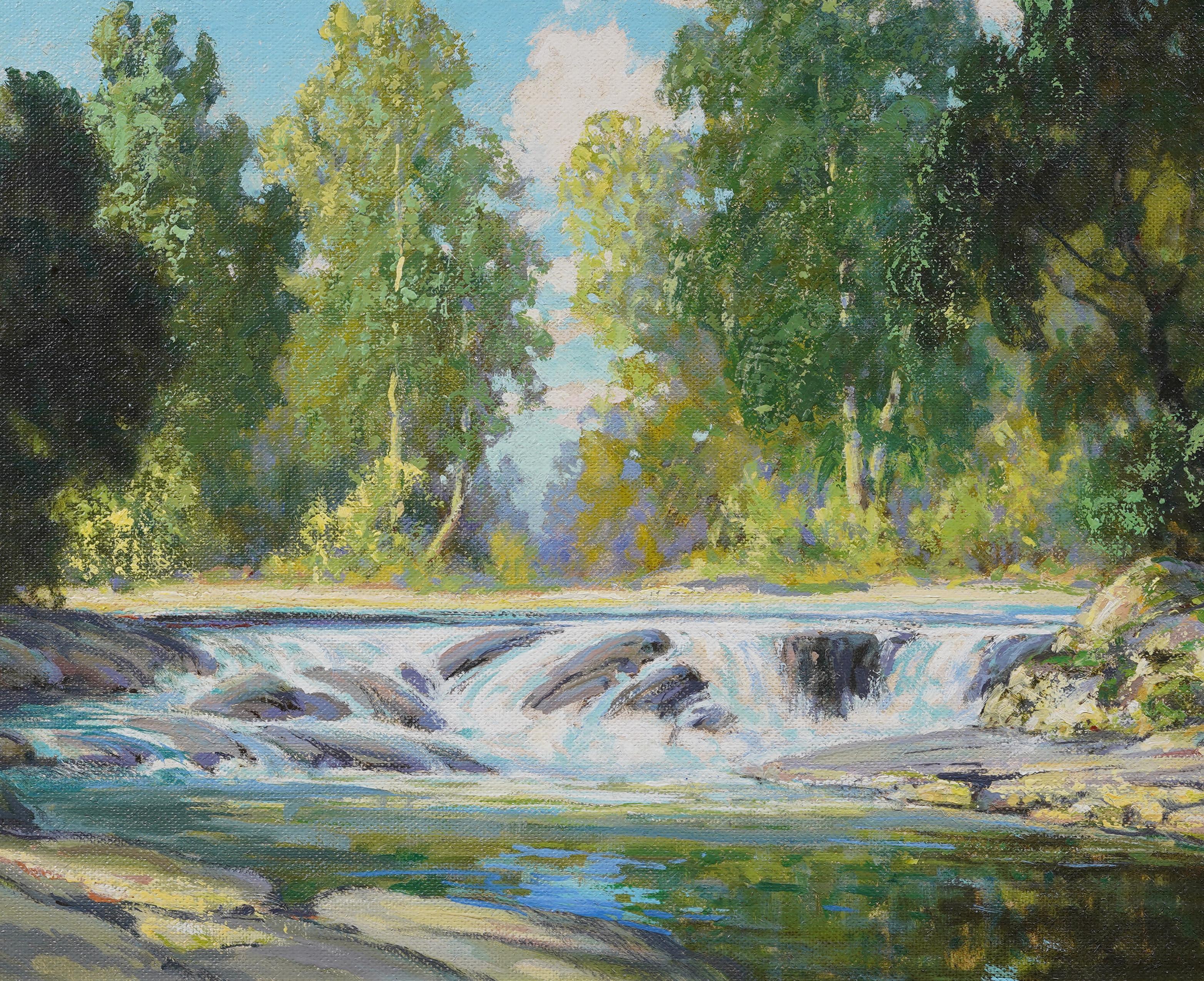 Impresionante óleo paisajístico de principios del impresionismo americano enmarcado.  Enmarcado en una moldura impresionista plateada.  Óleo sobre tabla.  Firmado.  Tamaño de la imagen, 20 pulgadas de alto por 30 de ancho.  