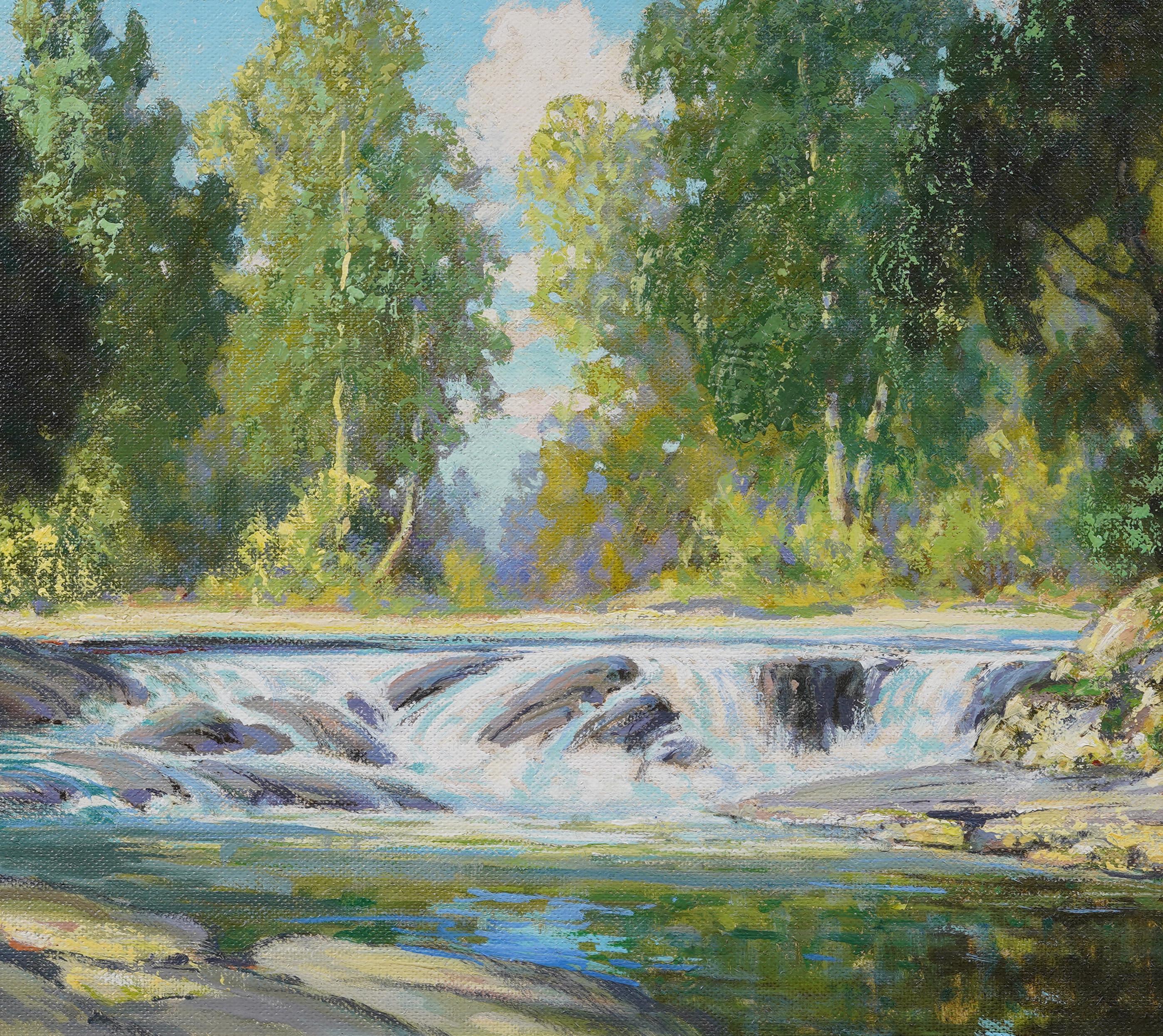 Antiguo cuadro al óleo impresionista americano de gran tamaño enmarcado Paisaje en cascada en venta 1