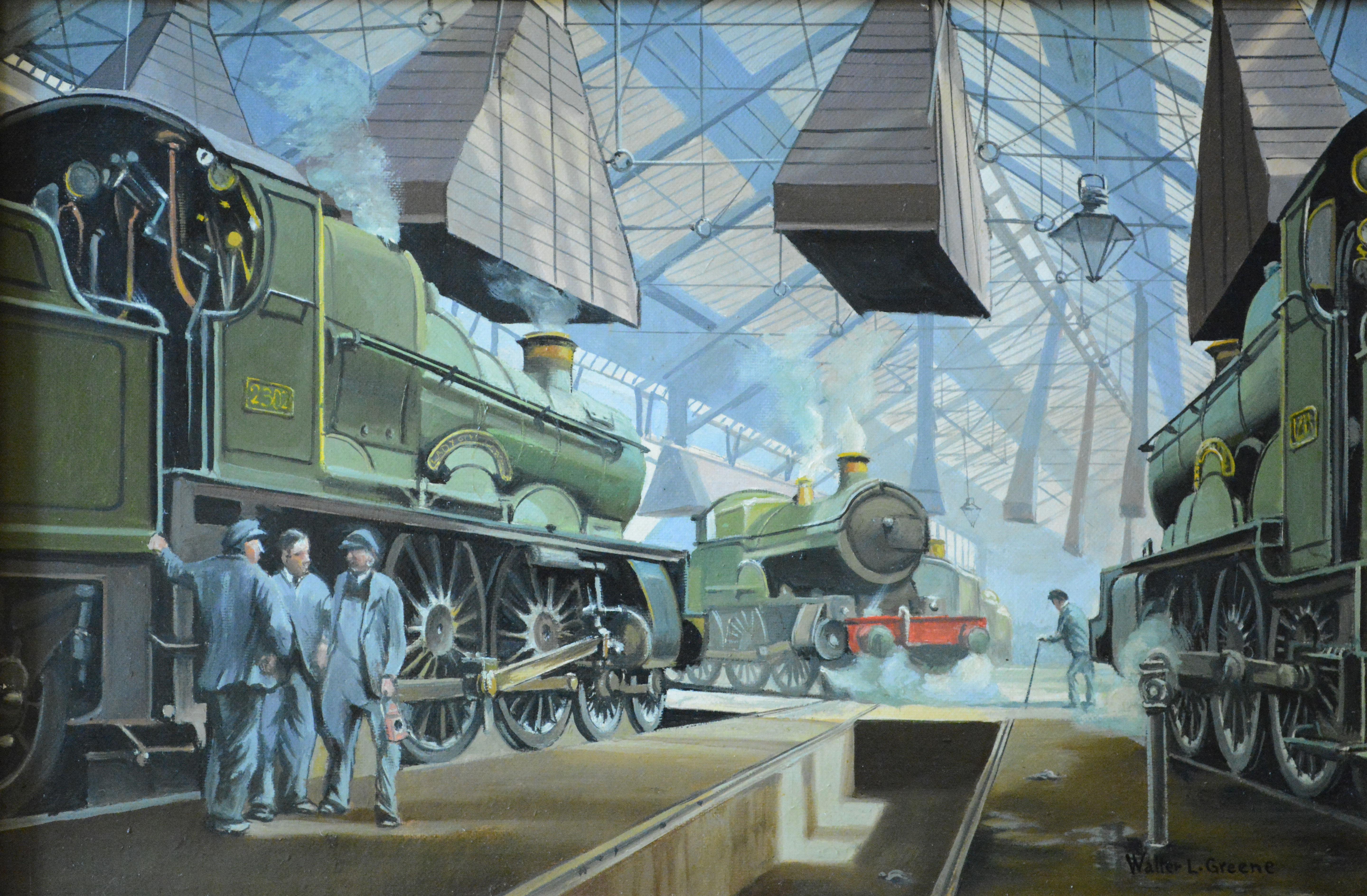 Walter L. Greene Landscape Painting - Walter Greene, "Station with Locomotives"