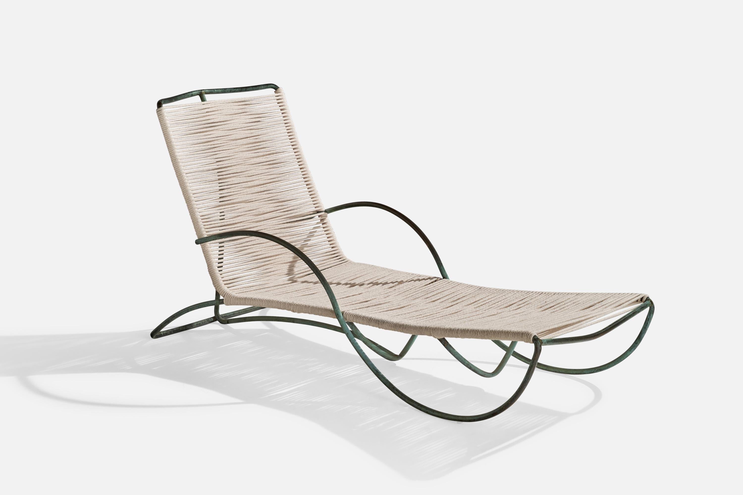 A bronze and fabric cord chaise longue designed by Walter Lamb and produced by Brown Jordan, USA, c. 1955.

