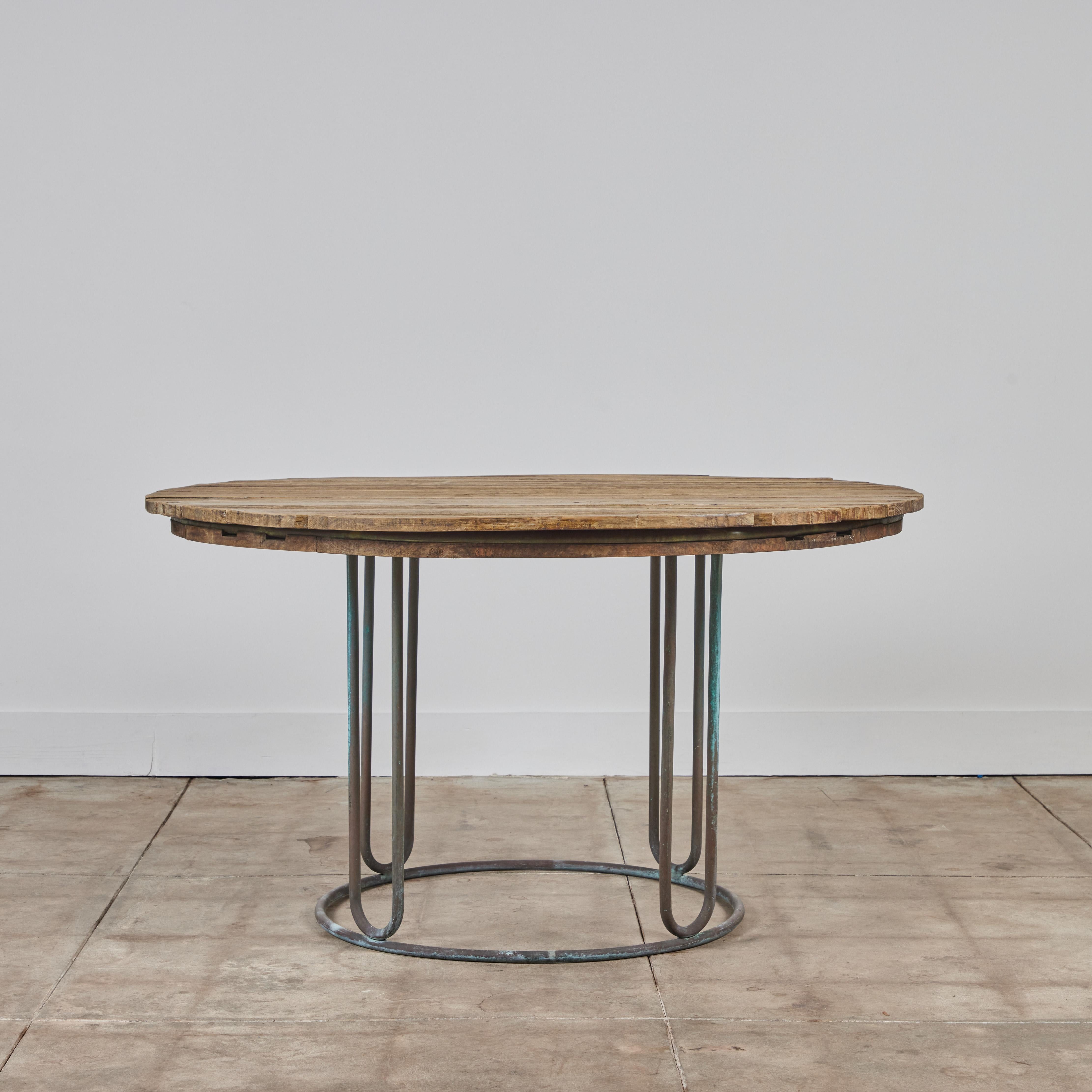 Mid-20th Century Walter Lamb for Brown Jordan Bronze Patio Dining Table with Round Wood Top