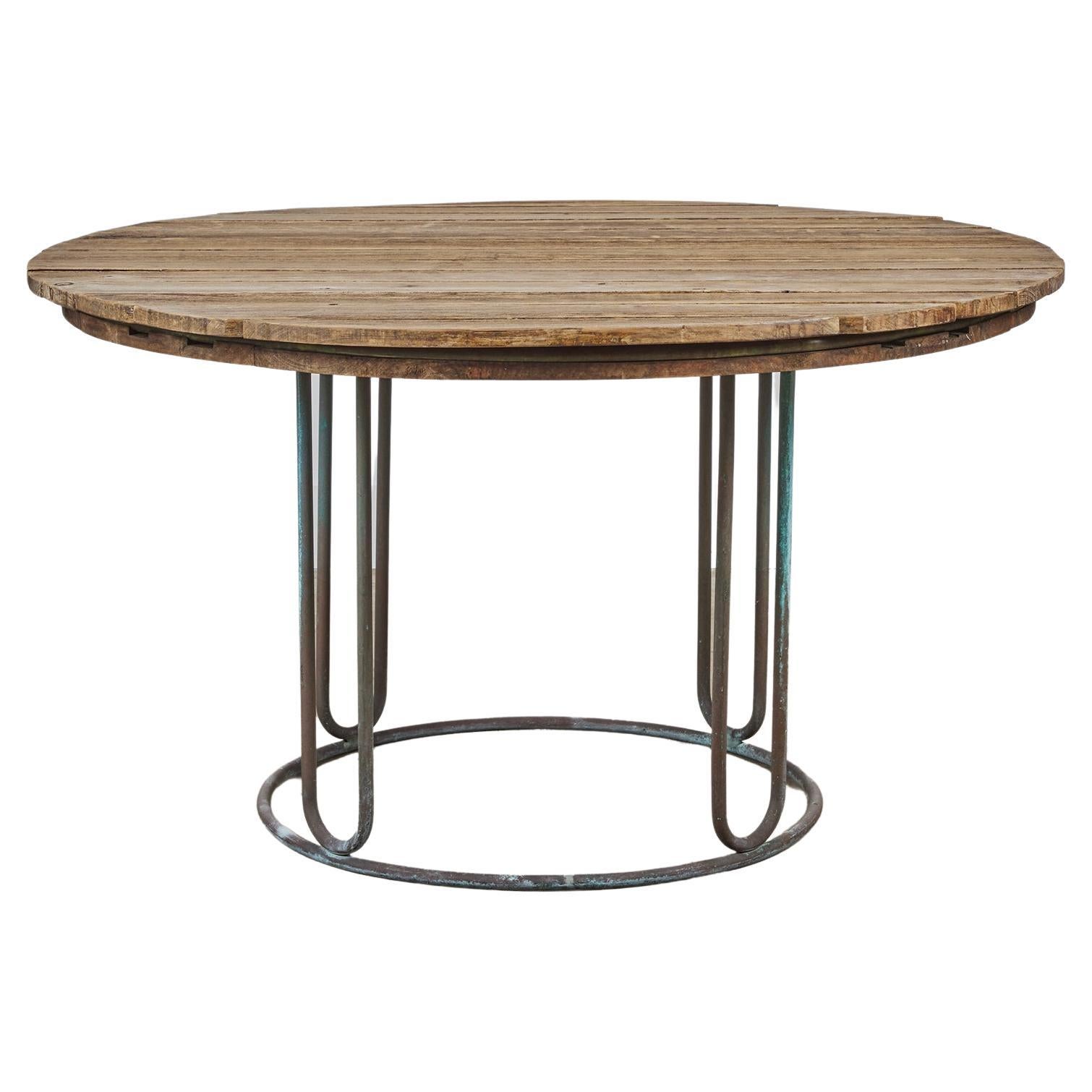 Walter Lamb for Brown Jordan Bronze Patio Dining Table with Round Wood Top For Sale